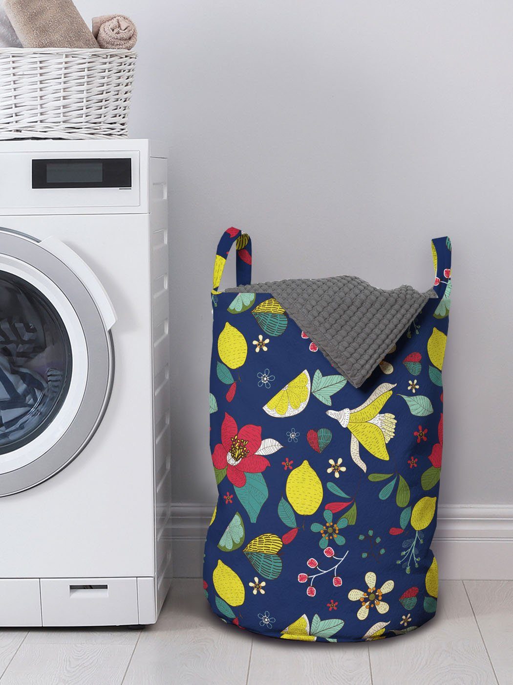 Abakuhaus Wäschesäckchen Wäschekorb mit Lemon Berry Dunkle Griffen für Waschsalons, Kordelzugverschluss Blossom Blumen