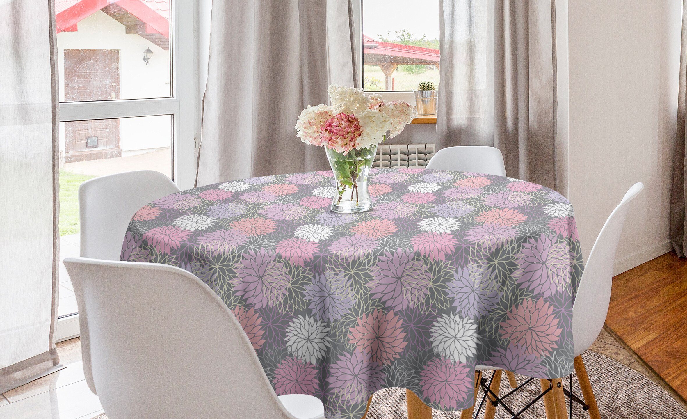 Rosa Blossom Tischdecke Abdeckung Botanischer Kreis für Esszimmer Dekoration, und Küche Tischdecke Grau Abakuhaus