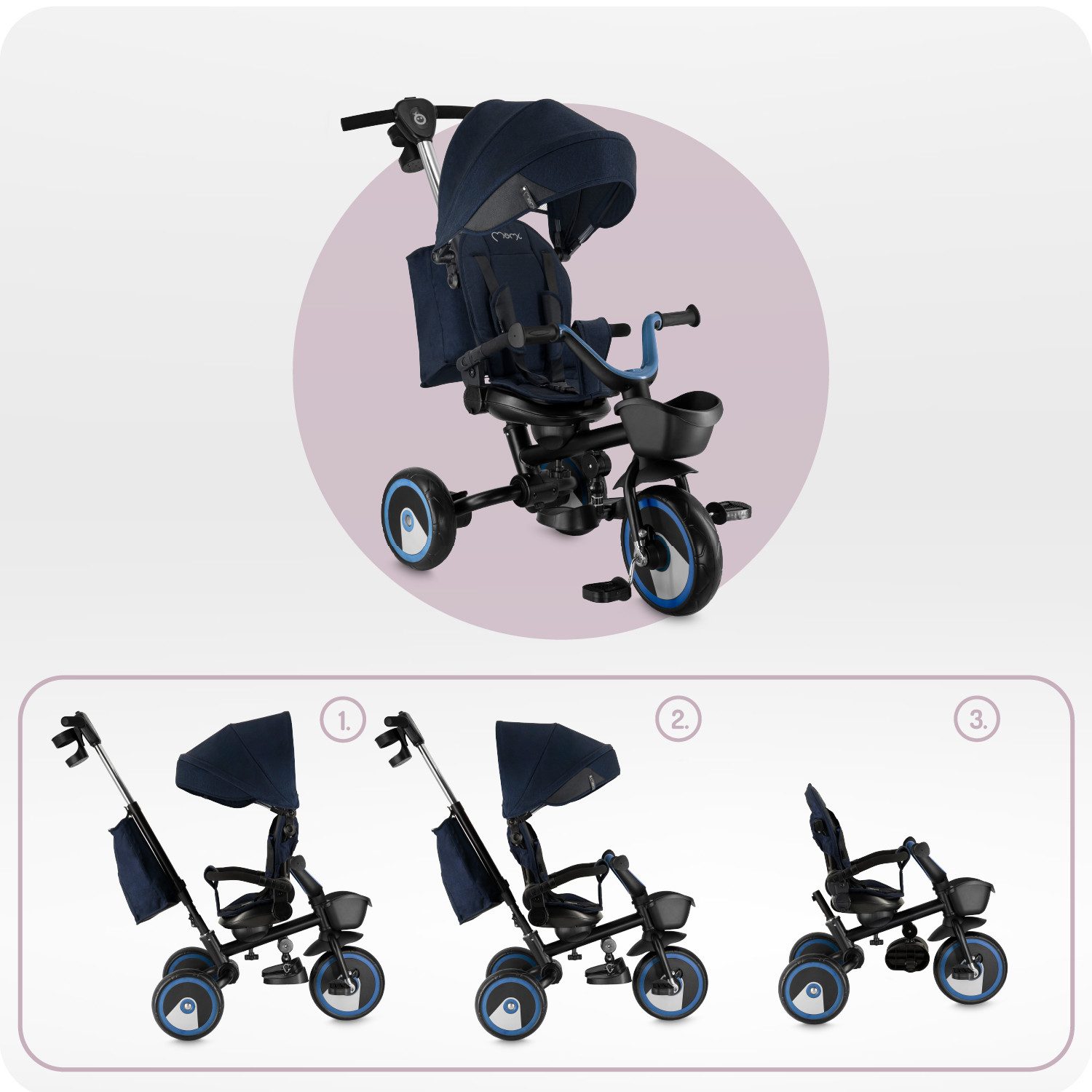 MoMi Dreirad-Kinderwagen Ivi, 360° drehbarer Sitz & höhenverstellbare Schiebestange