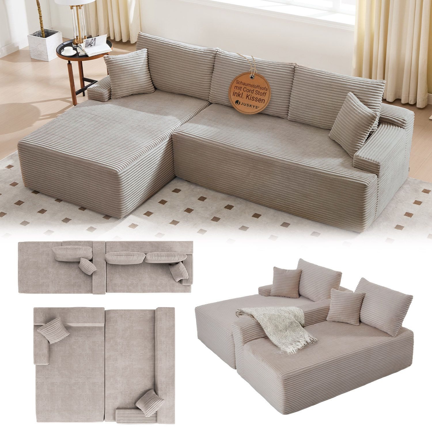 Juskys Ecksofa Coredo, Ecksofa, mit Rücken- & Dekokissen, Cordbezug, Modular platzierbar
