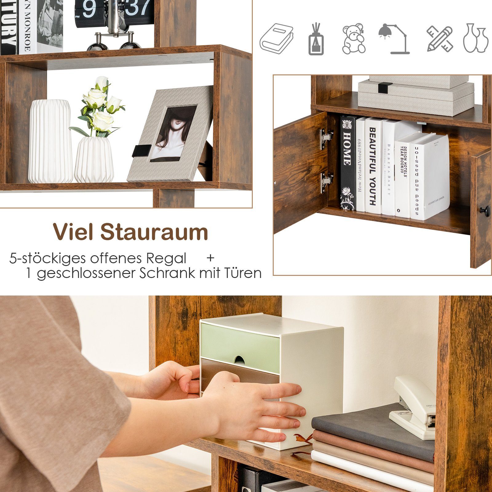 COSTWAY Bücherregal 6 Ebenen Standregal, 183 x 70 x 23 cm, aus Holz