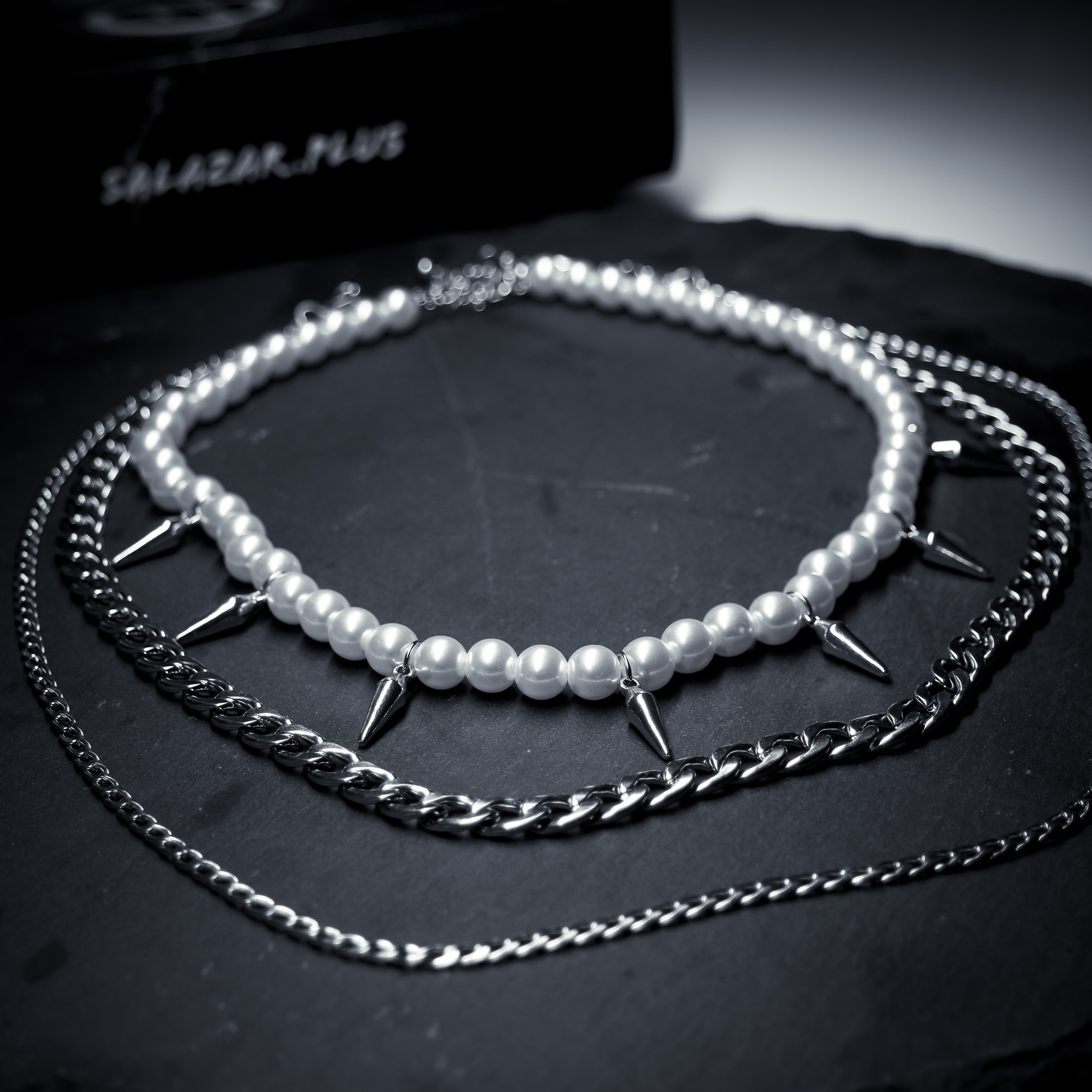 salazar.plus Perlenketten-Set Perlenkette mit Nieten Kubanische Kette Edelstahl 3er Set Herren (3er Set)