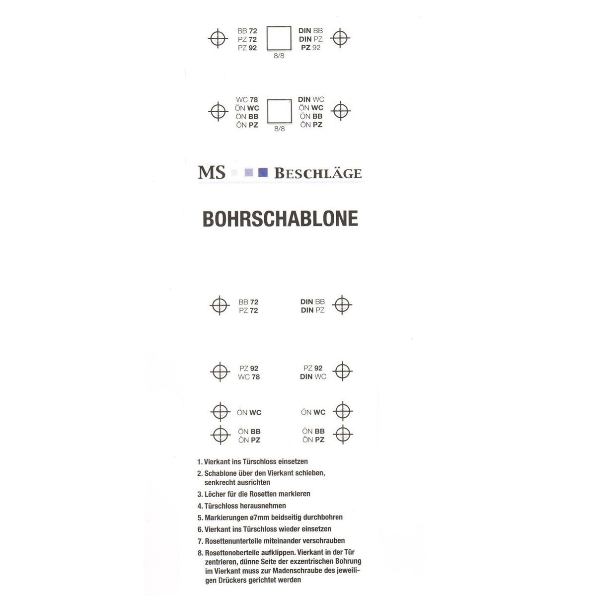 MS Beschläge Türbeschlag Präzise Bohrschablone aus Papier für Türklinken