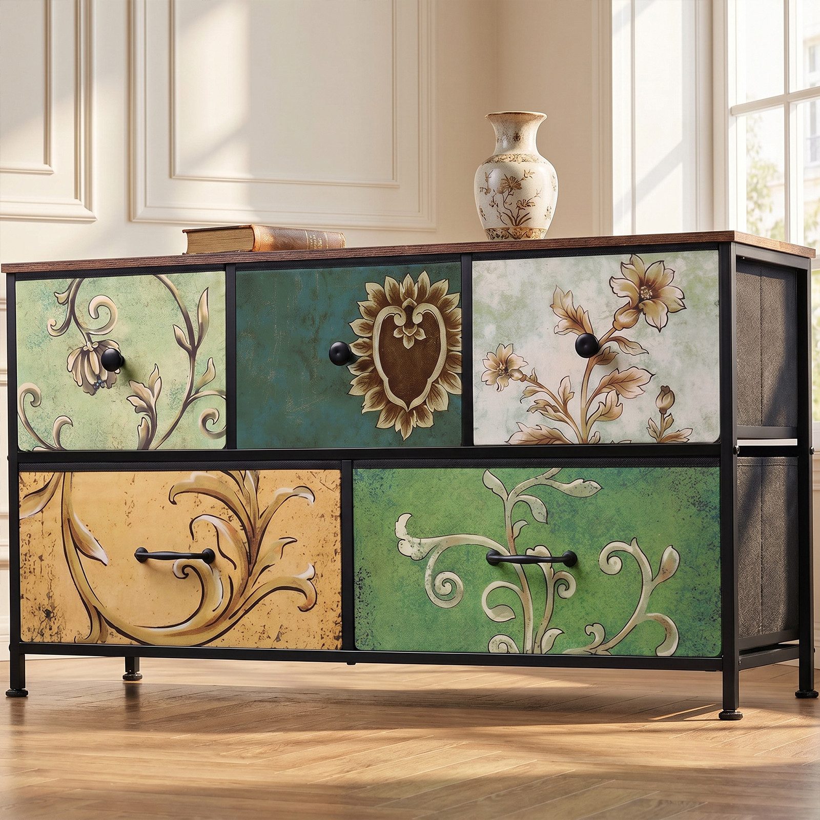 zebery Kommode Schrank Schubladenkommode (Set, 1 St., Stahl, MDF, Vliesstoff,Blumenmuster,Sideboard), 55.2 x 100 x 30 cm