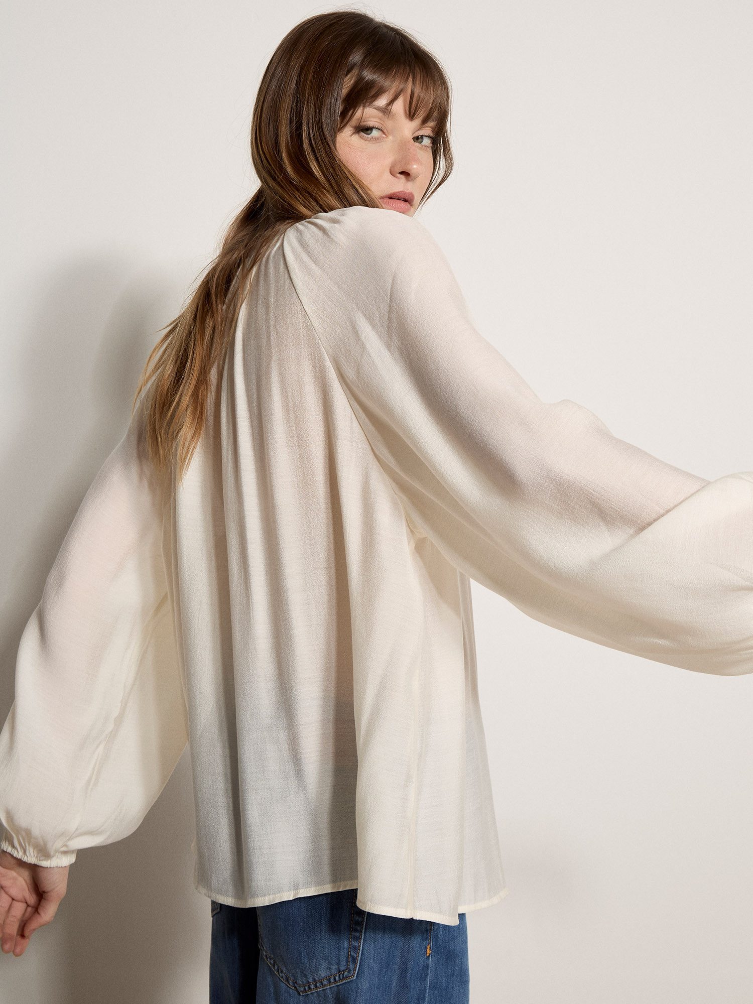 Apricot Shirtbluse Leichte Bluse mit Ballonärmeln mit verdecktem Verschluss