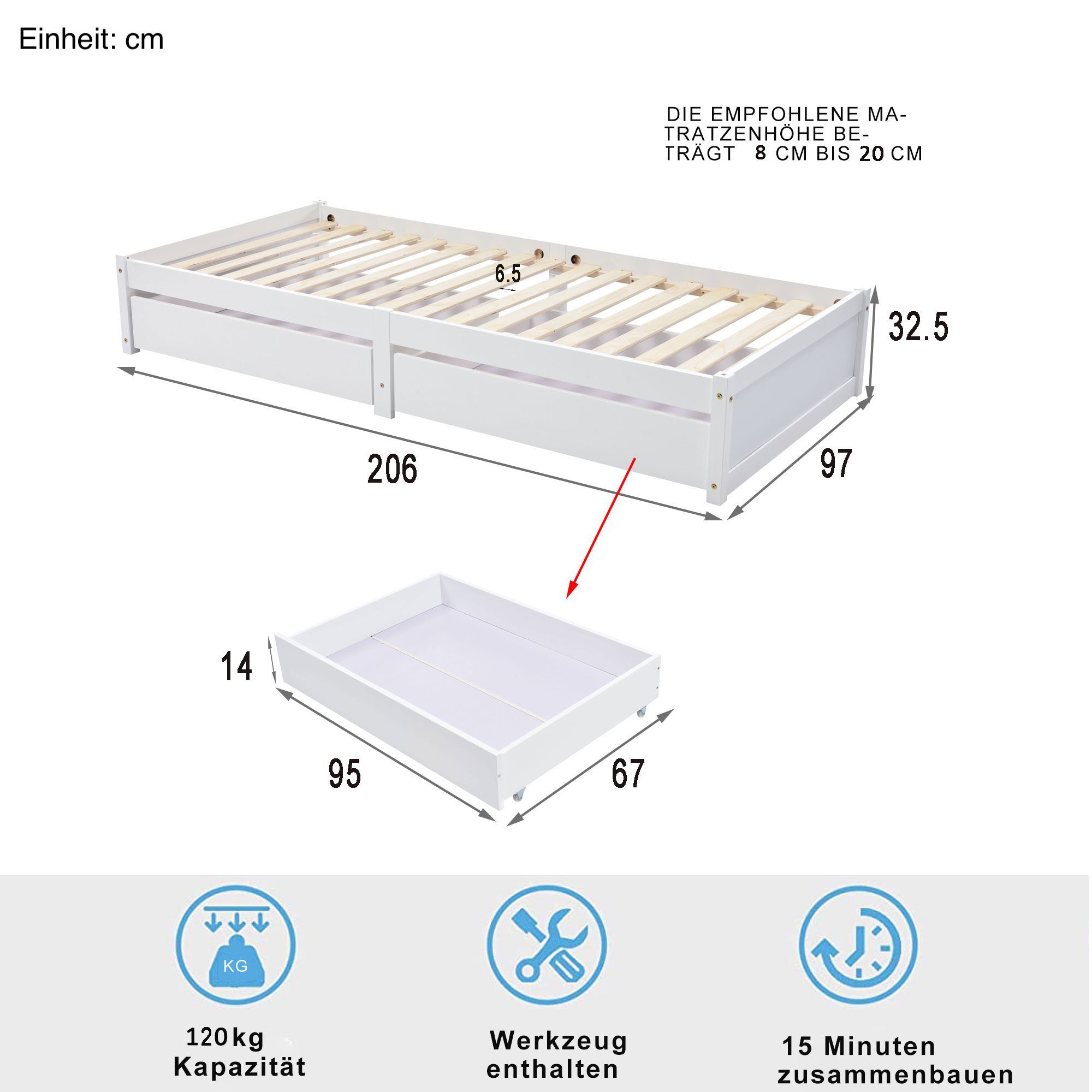 Schubladen cm), 2 und Holzbett aus Jugendbett Lattenrost Einzelbett weiß SOFTWEARY Kinderbett mit Kiefer, (90x200