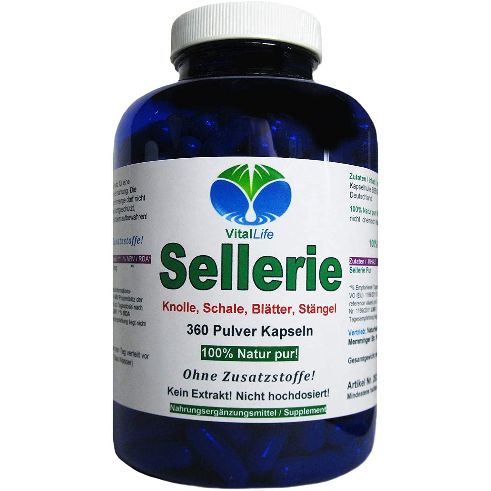 VitalLife Sellerie – Wurzel, Knolle, Stängel & Blätter - Ohne Zusatzstoffe Kapseln, 1 er Dose à 360 St., 194 g, Art. 26320