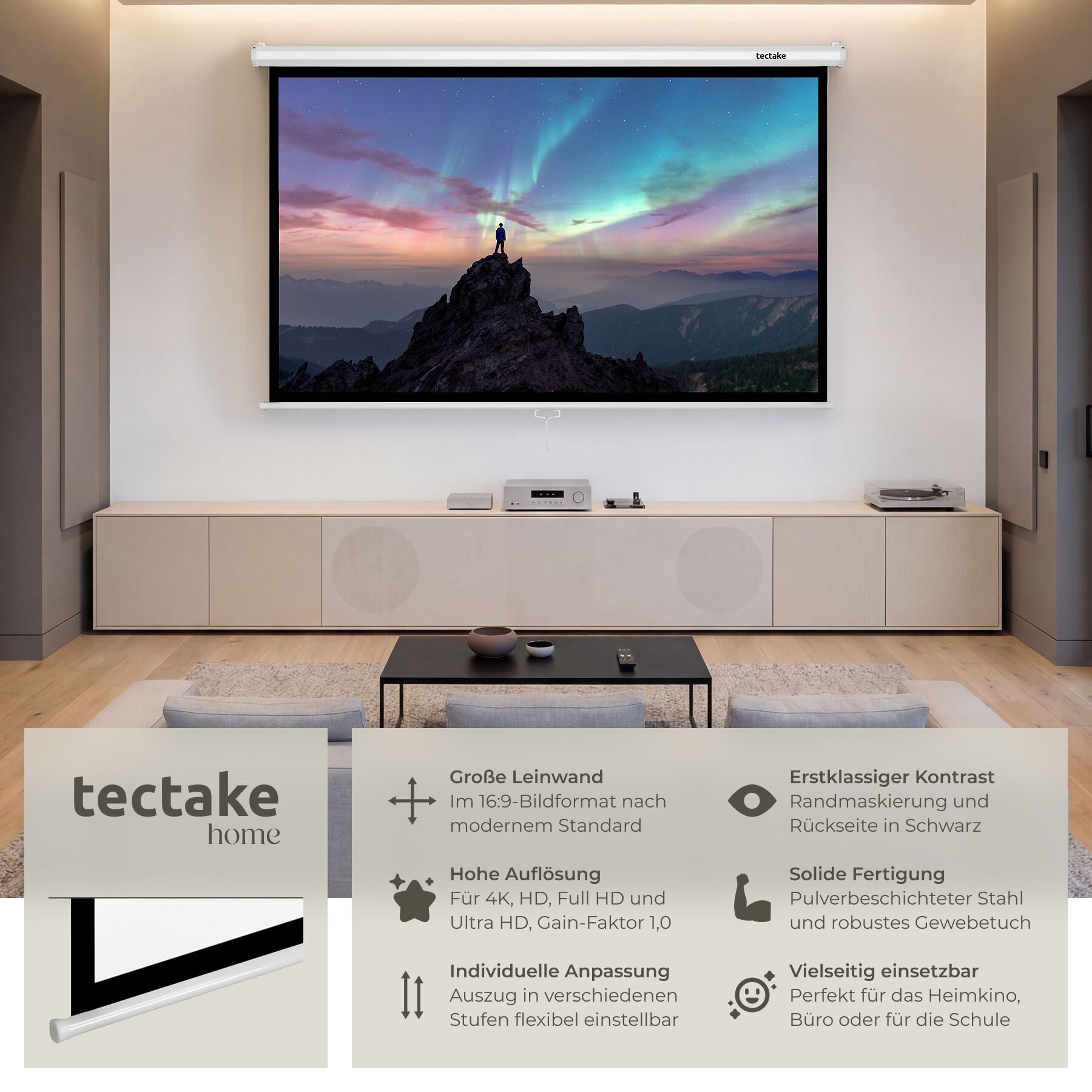 tectake Beamer-Leinwand für 4K, HD, Ultra HD und Full HD, Format 16:9, 72“ Deckeneinbauleinwand (Gain-Faktor 1, 0, Wand- oder Deckenmontage, faltenfrei, robust)