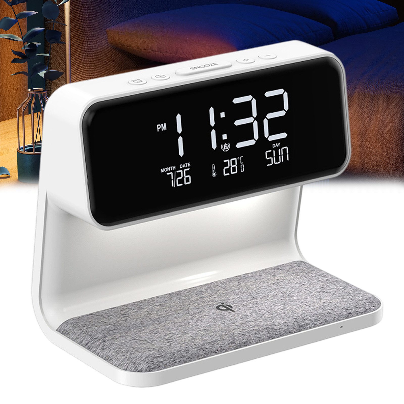 REDOM Nachttischlampe Kabellose LED-Lampe Touchlampe mit Wecker und kabelloser Ladestation, Touch-Schalter, LED fest integriert, Warmweiß, Nachtlicht Schreibtischlampe Wireless Charging 3-Stufen Dimmbar