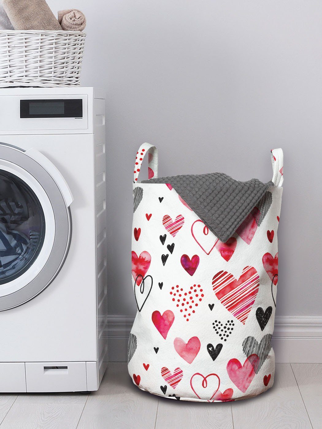 Abakuhaus Wäschesäckchen Wäschekorb mit Griffen Kordelzugverschluss Herz Design für Valentines Doodle Waschsalons
