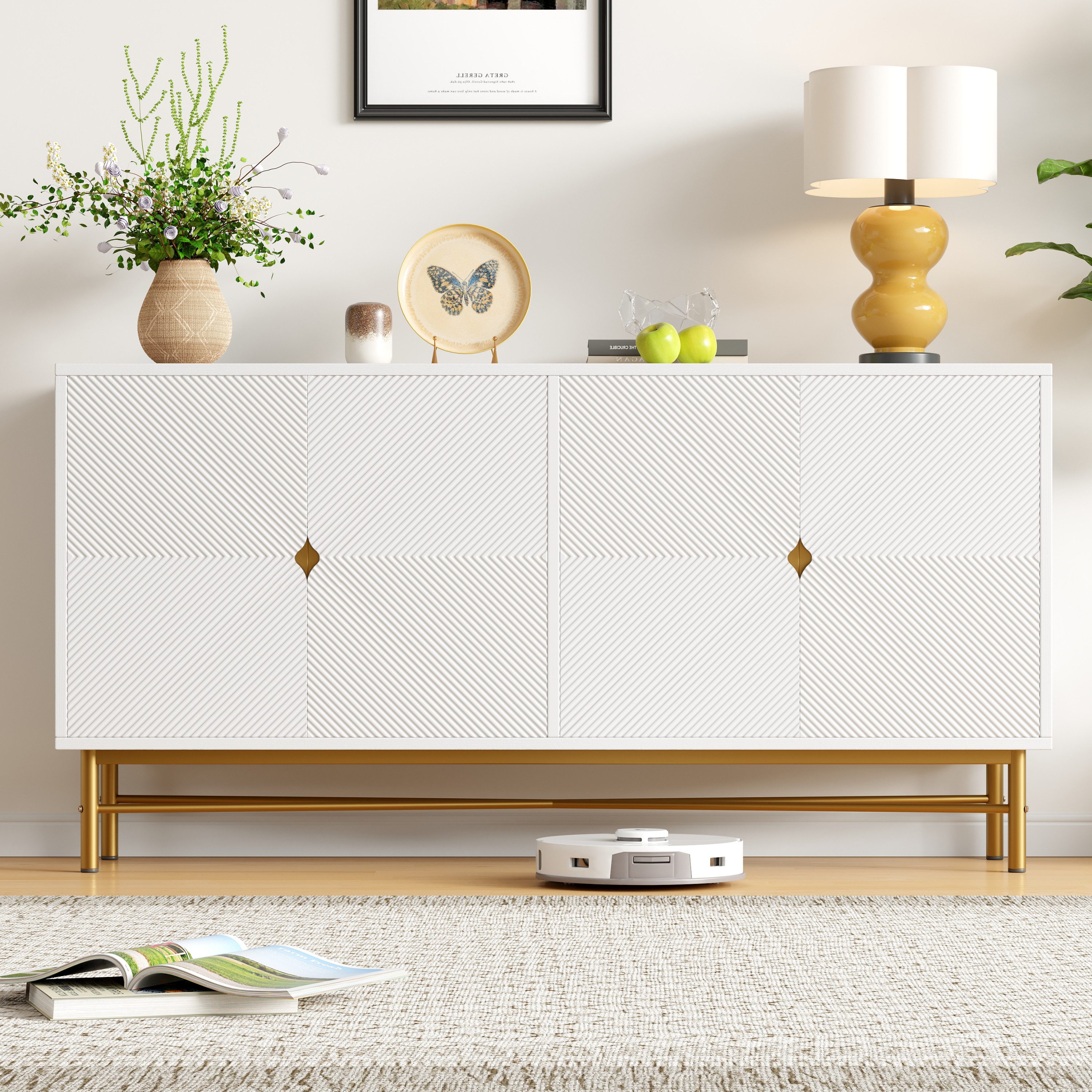 KLAM HOME Sideboard Sideboard mit Erhabener Textur 160cm, Schrank mit Vier Türen (Goldene Gebürstete Griffe und Hochglanz Tischbeine, 160×40×82cm), Passt in Wohnzimmer, Essbereich, Schlafzimmer