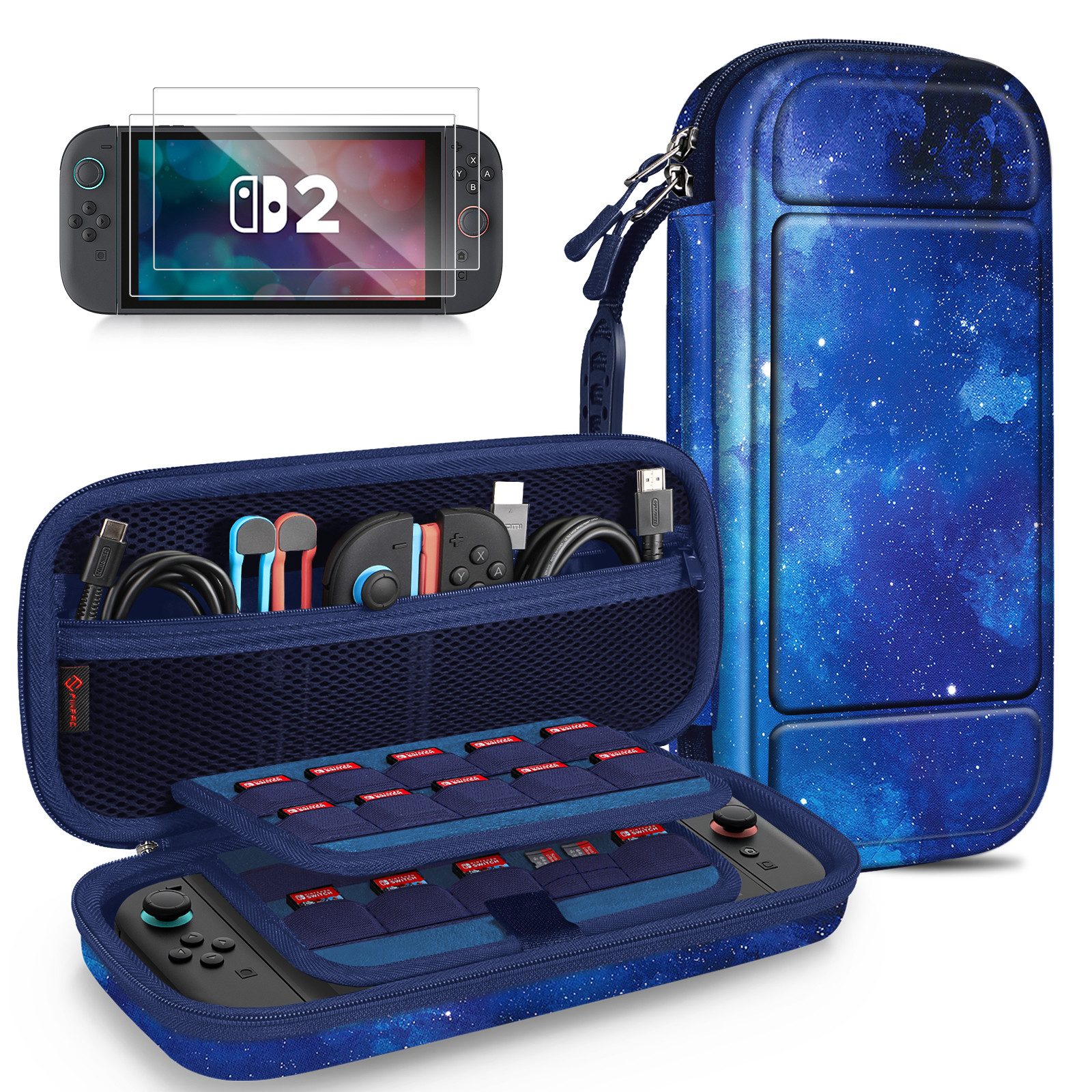Fintie Nintendo-Schutzhülle Tasche mit 2 Panzerglas für Nintendo Switch 2(2025), 2-in-1 Zubehörset, mit 2 Stücke Schutzfolie, 1 Tragetasche mit großem Fassungsvermögen