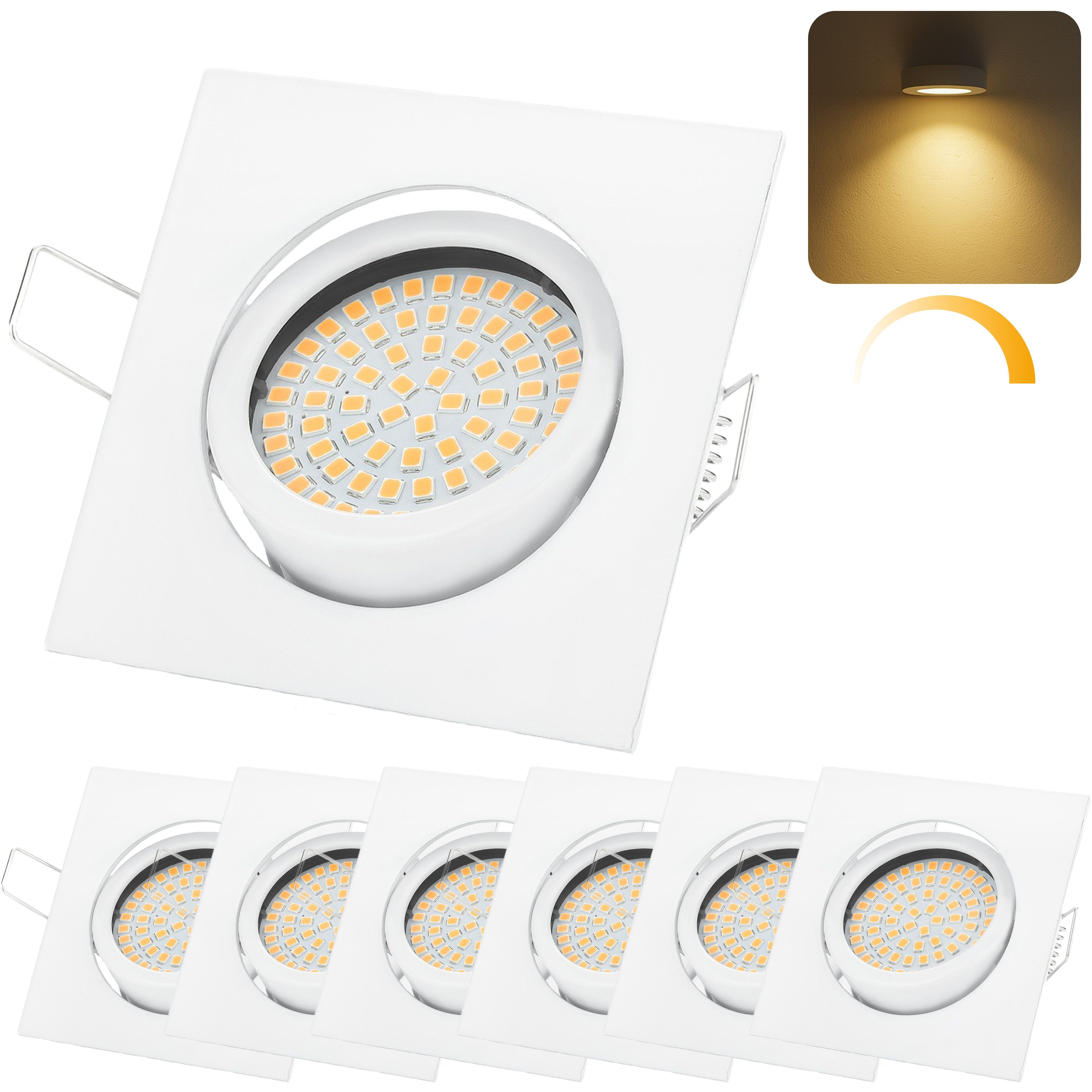 Sweet LED LED Einbaustrahler 6er SET 5W 230V 3000K dimmbar LED Einbauspots eckig schwenkbar Weiß, 3000K, Warmweiß, Deckenspots, 82x82 mm, Einbauleuchten