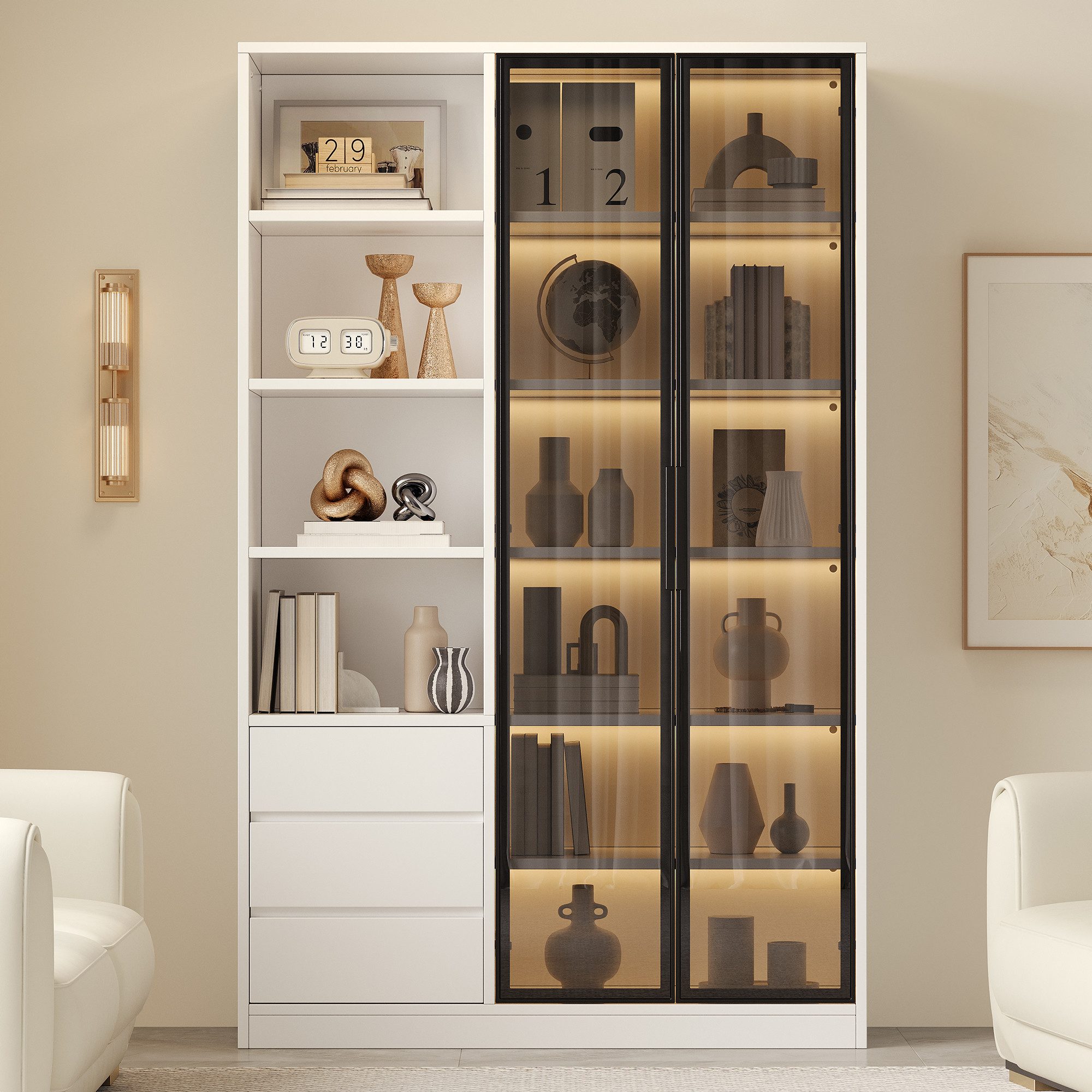 Merax Vitrine mit LED-Beleuchtung, Weinschrank mit höhenverstellbarem Einlegeboden (1-St., Glasvitrine Multifunktionsschrank Vitrinenschrank 100x35x160cm) Hochschrank mit 2 Glastüren, 4 offenen Ablagen & 3 Schubladen