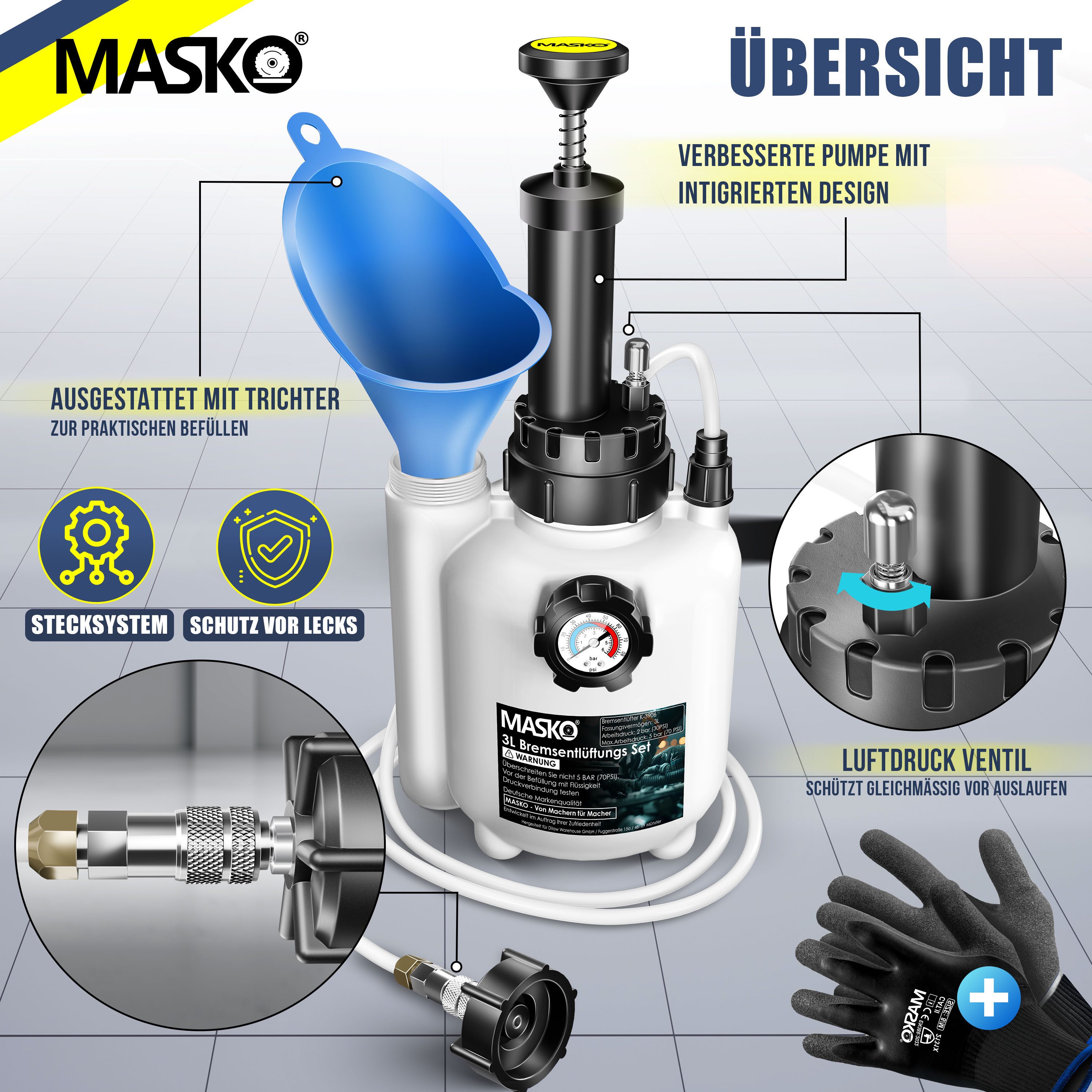 MASKO Bremsscheiben-Richtwerkzeug, Bremsflüssigkeits-Wechselgerät 3L für Scheibenbremsen & Trommelbremsen