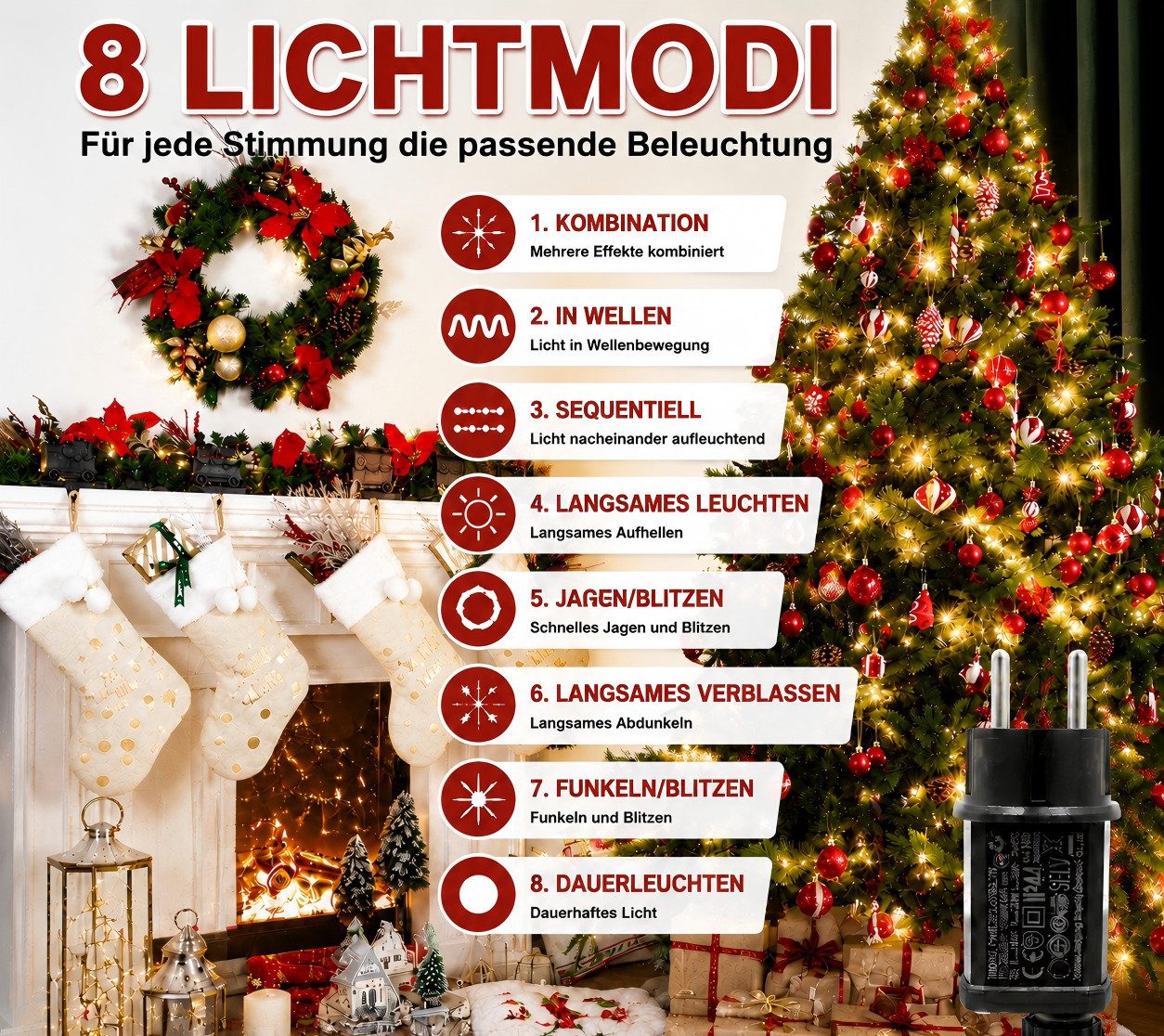 Toomoke LED-Lichterkette 12M LED-Lichterkette mit Stecker & Fernbedienung,100 LEDs Warmweiß, 4 Helligkeitsstufen,8 Modi,für Garten, Party, Weihnachten