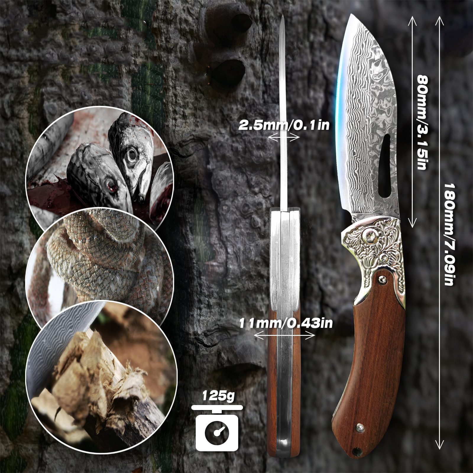 KingLux Damastmesser Damast Klappmesser, Outdoor Taschenmesser mit Gürteltasche Leder