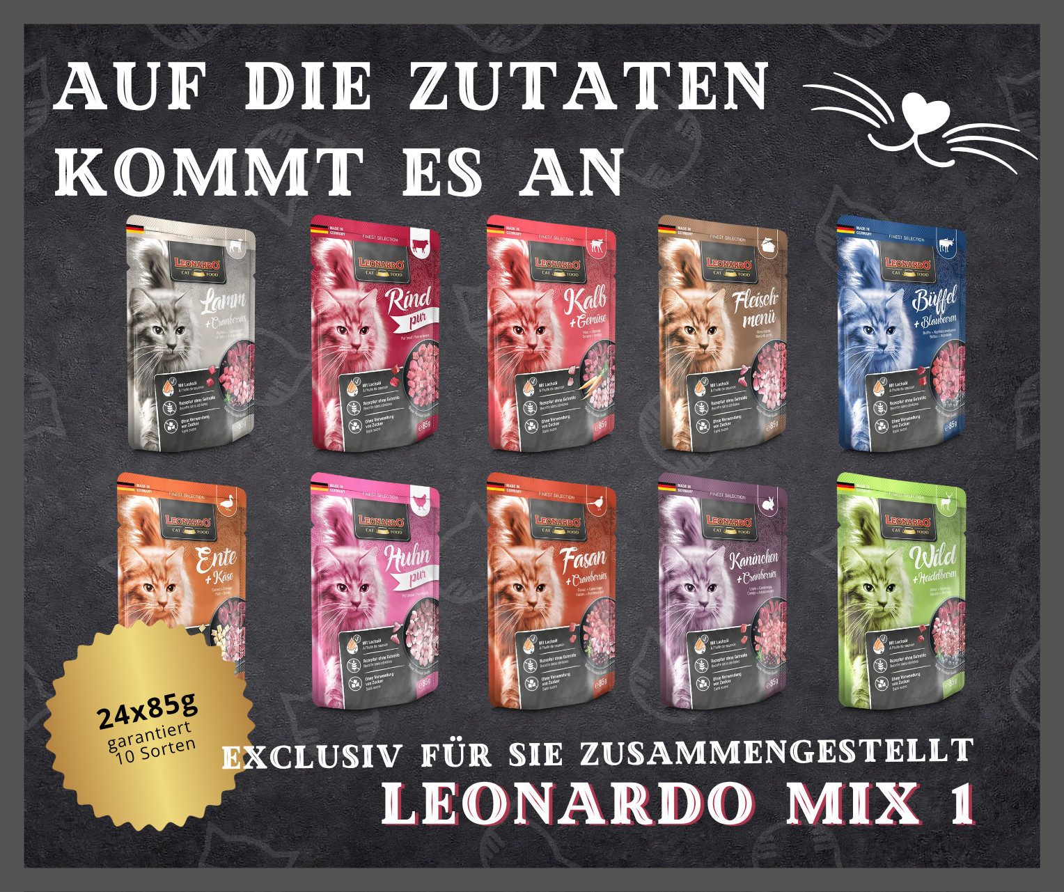 Leonardo Catfood Frischebeutel Bundle - verschiedene Sorten im parktischen Mixpaket Mix 1 (24x85g), Nassfutter für: Katzen
