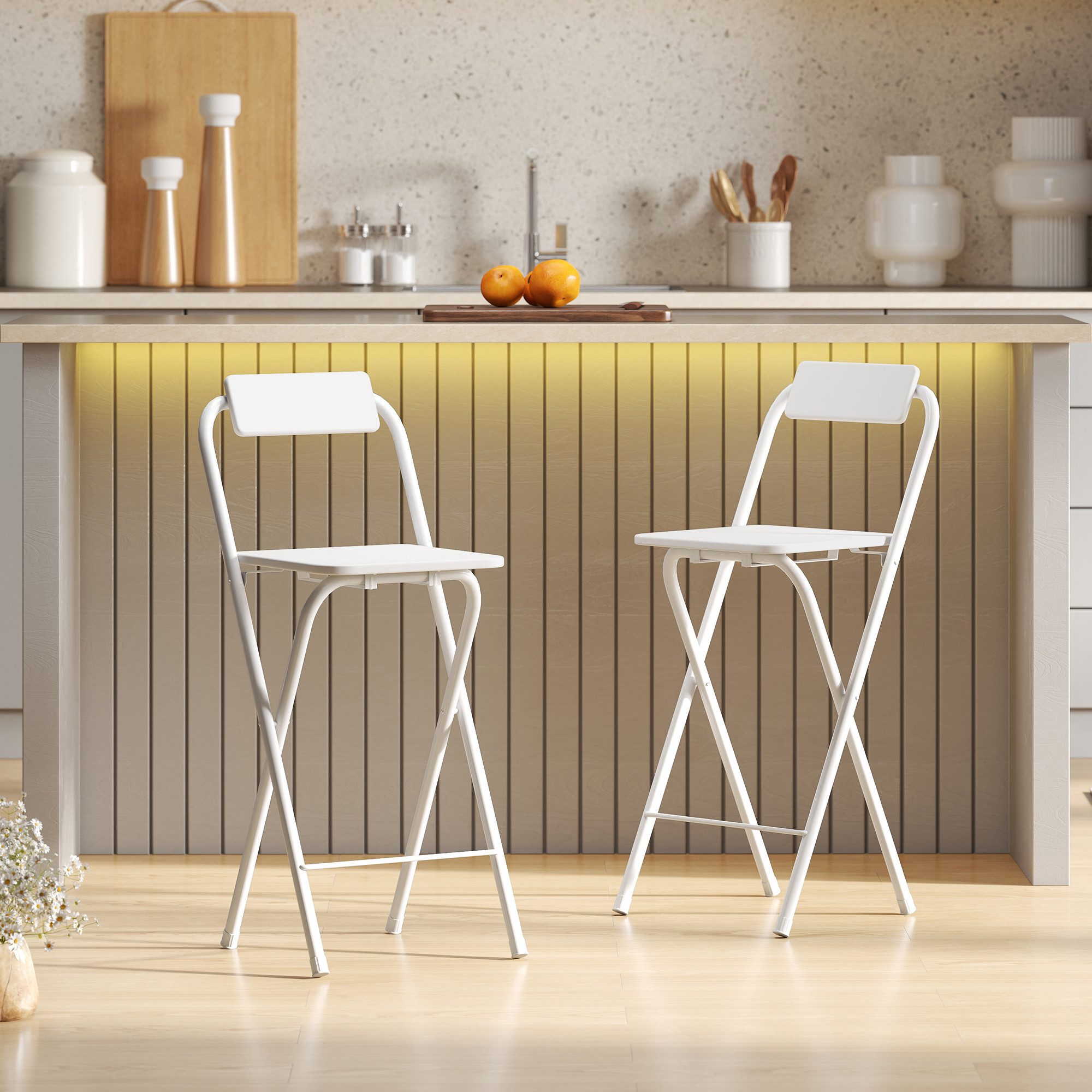 HOMCOM Barhocker mit Stahlgestell, Lehne, Fußstütze (Tresenhocker, 2 St., Klappbar Barstuhl), für Küche, Wohnzimmer, Esszimmer Weiß