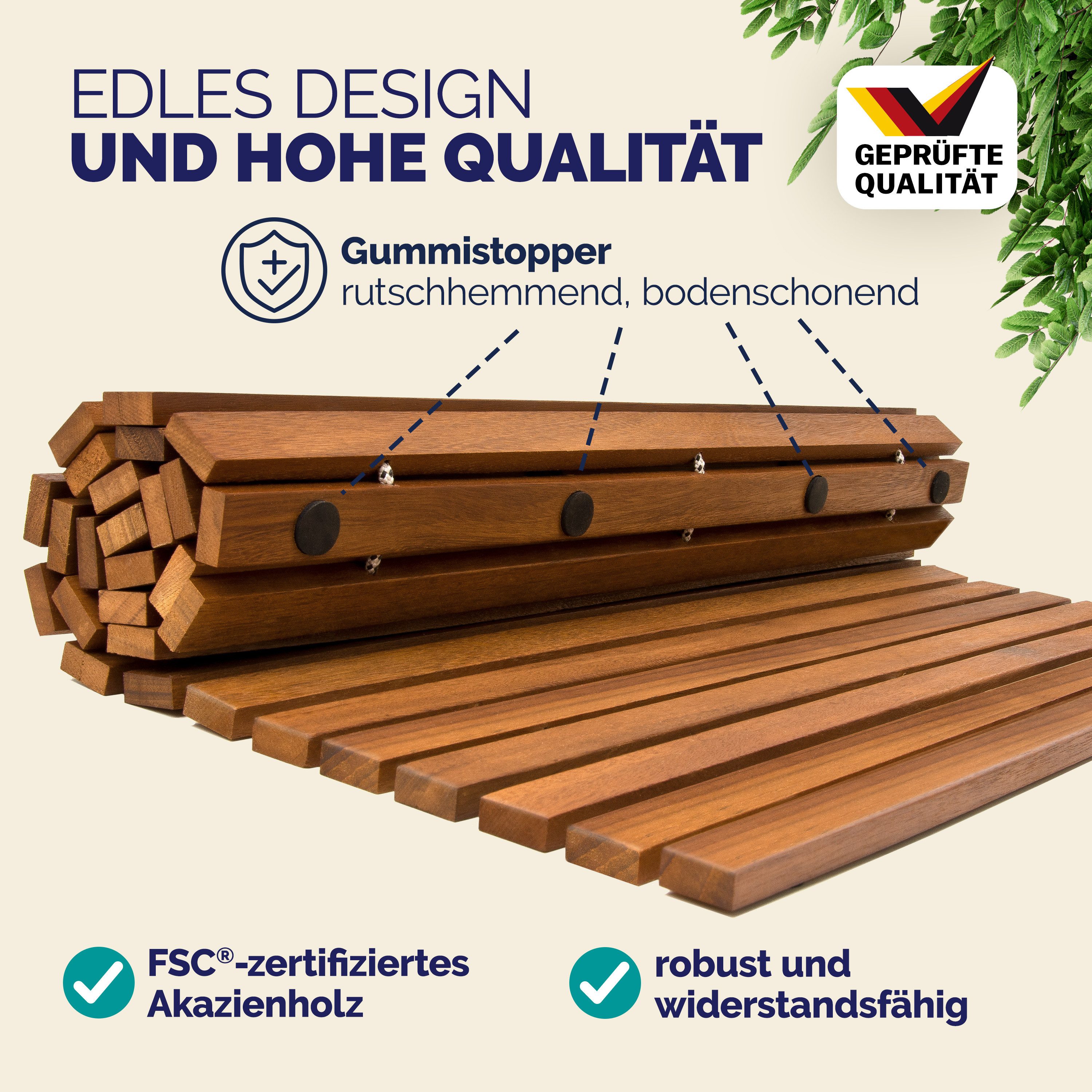 Casaria Badematte, robustes Akazienholz, Akazienholz, Stab, Badvorleger Holz 76x50 cm FSC-zertifiziertes Akazienholz Gummistopper