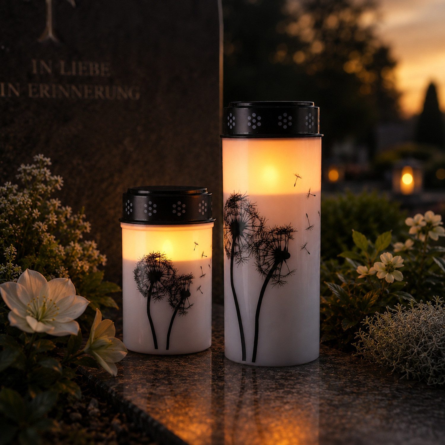 MARELIDA LED-Kerze LED Grablichter Grabkerzen Pusteblume 2500 Std. Friedhofskerze 2er Set, LED Classic, warmweiß (2100K bis 3000K)
