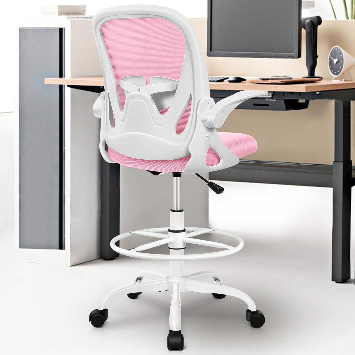 Primy Bürostuhl (Stuhl mit Fußstütze und hochklappbaren Armen), Schreibtischstuhl mit verstellbarer Lendenwirbelstütze,Höhe,drehbarer
