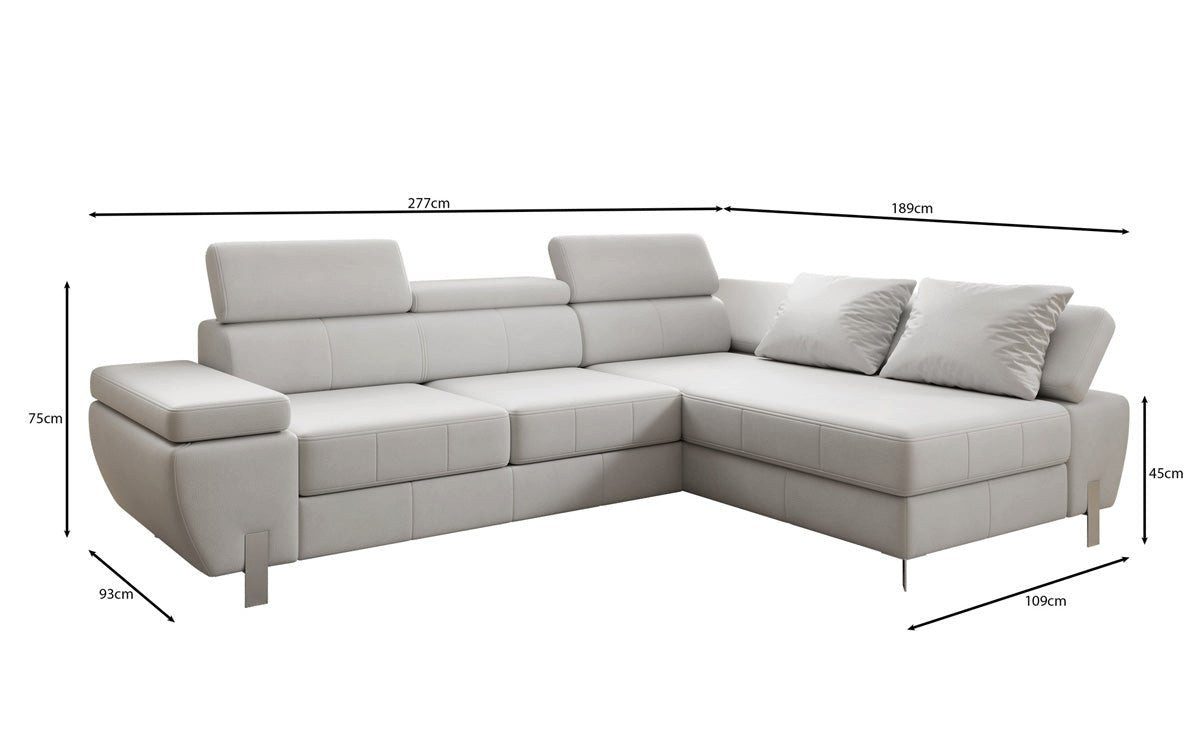 Luxusbetten24 Schlafsofa Designer L Sofa Calista mit Schlaffunktion und Stauraum, mit verstellbaren Kopfstützen und beweglichen Armlehnen