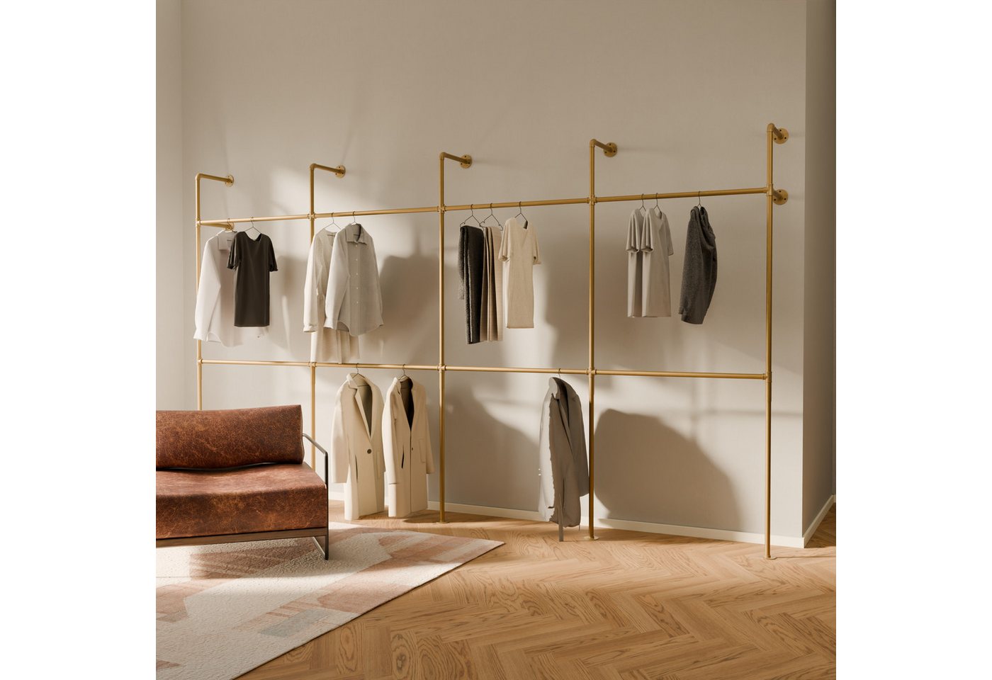pamo. design Kleiderständer KIM DOUBLE Industrial Kleiderstange zur Wandmontage, Offener Kleiderschrank / Garderobe aus goldenen Wasserrohren