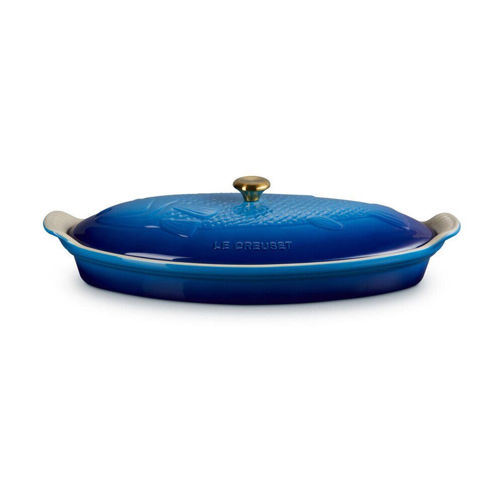 LE CREUSET Backform Fischbackform mit Deckel 34 cm Tradition Azure, Fischbräter, Fischform mit Deckel, geriffelter Boden, blau