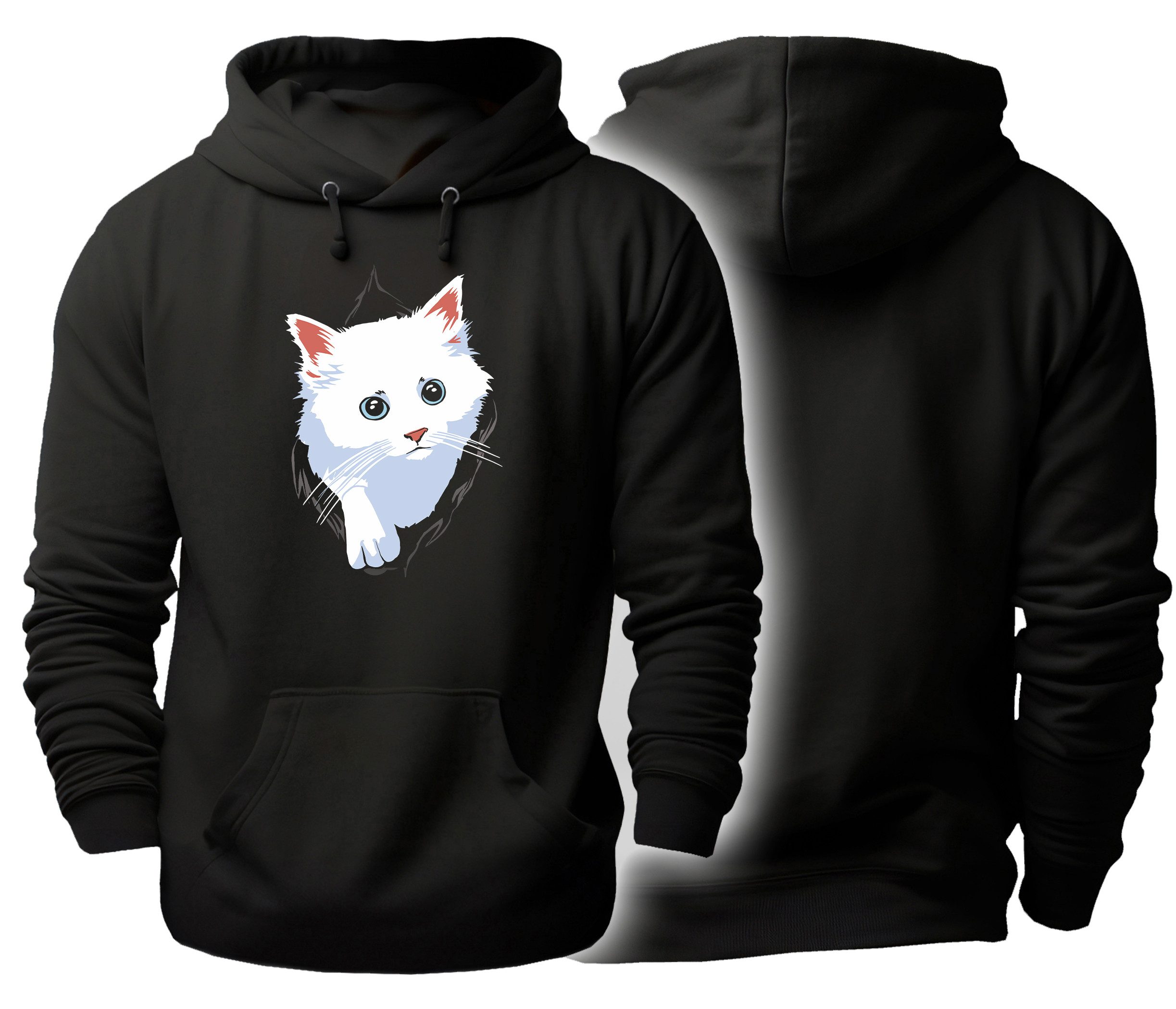 MyDesign24 Hoodie Katzen Kapuzen Pulli - weisse Katze Herren und Damen Kapuzensweater mit Katzen Print i113