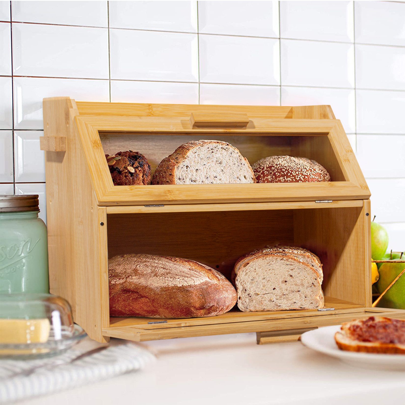 Zedelmaier Brotkasten Bambus Brotkasten mit 2 Etagen, großer Brotkasten, Bamboo, (Set, 1x Aufbewahrungsbox aus Bambus), mit Belüftung und Sichtfenster – Bild 5 von 5
