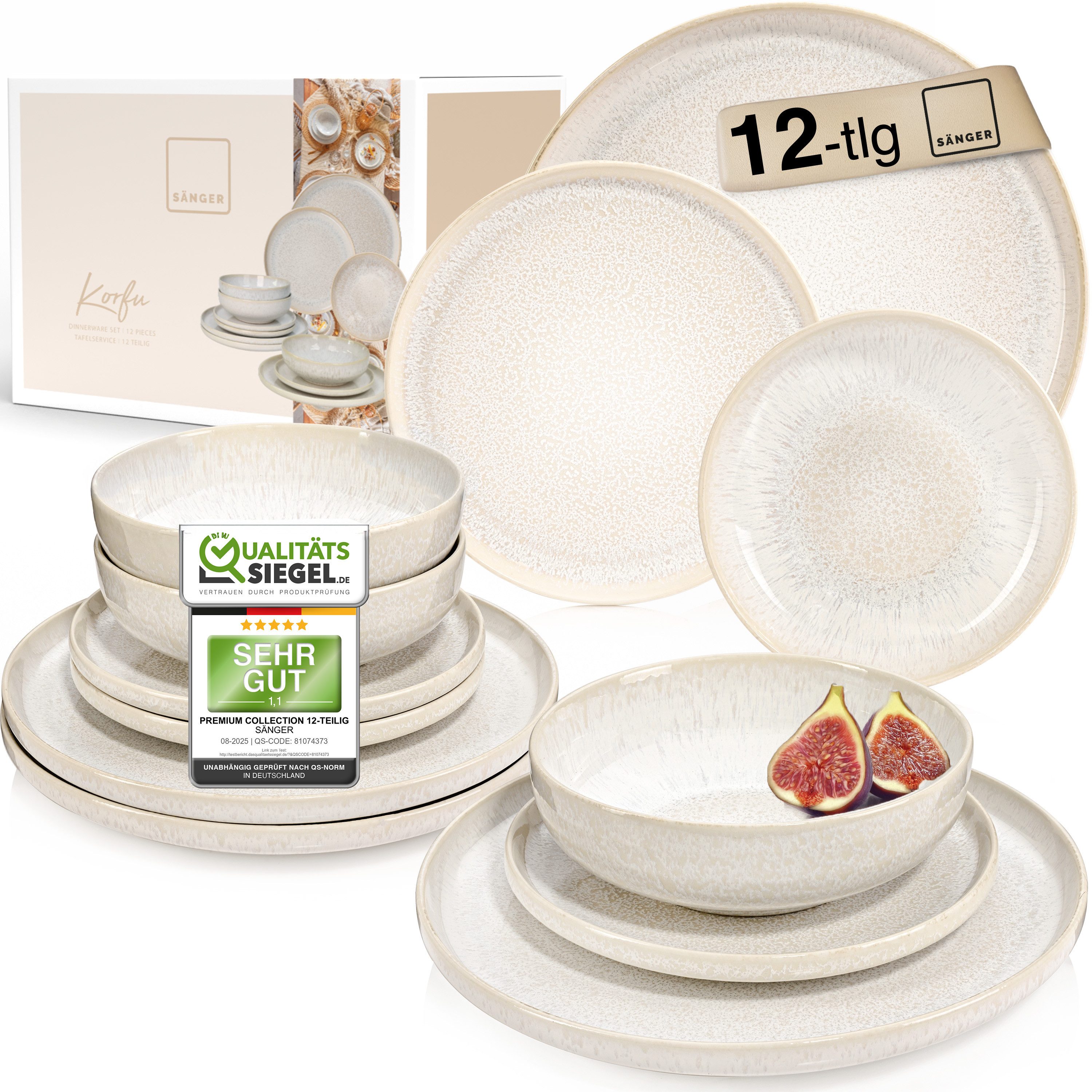 SÄNGER Tafelservice Korfu Geschirrset (12-tlg), 4 Personen, Steingut, Tafelservice, Creme Farben, Handmade Premium Collection
