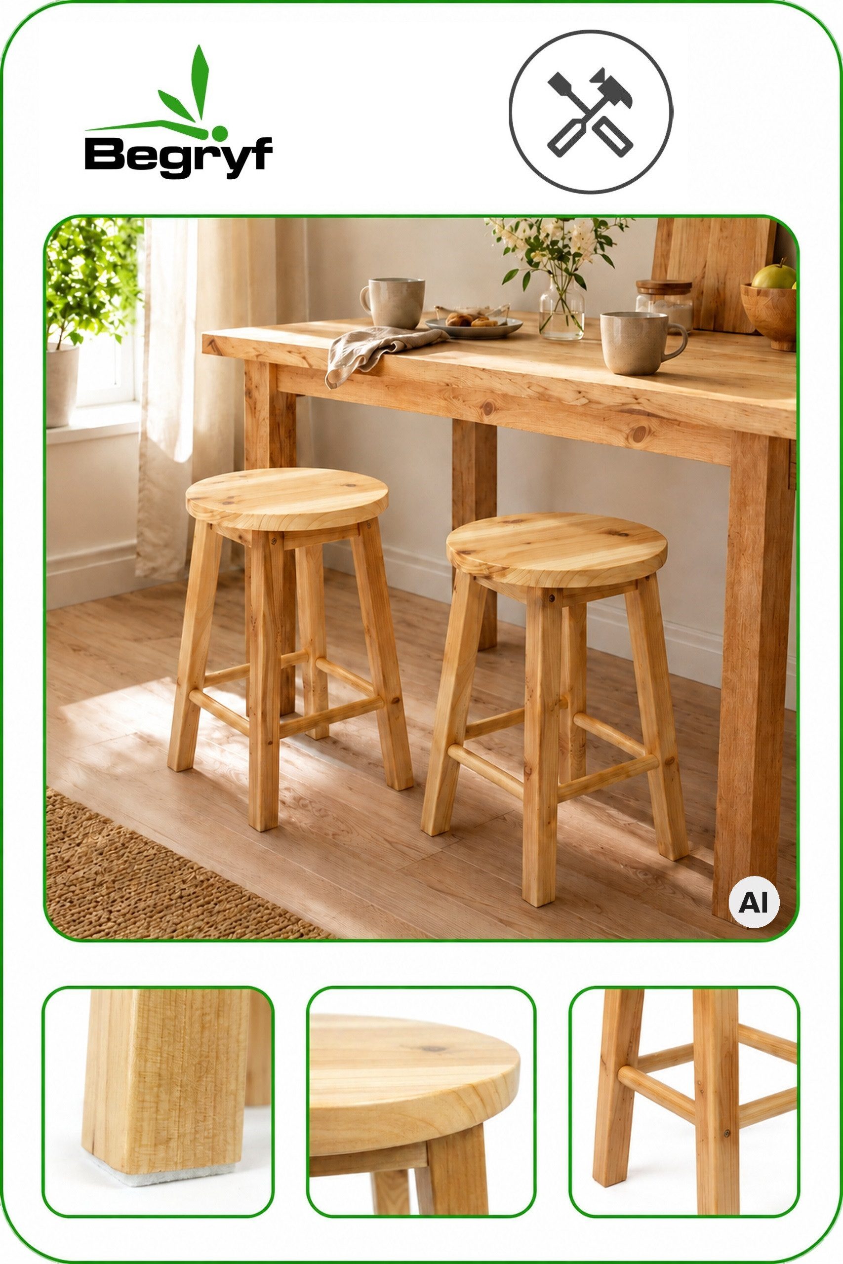 BEGRYF Hocker HOLZHOCKER Kiefer Natur 2-er Set 28 x 28 x 46 cm runde Sitzfläche (2er-Set, 2 St) – Bild 2 von 5