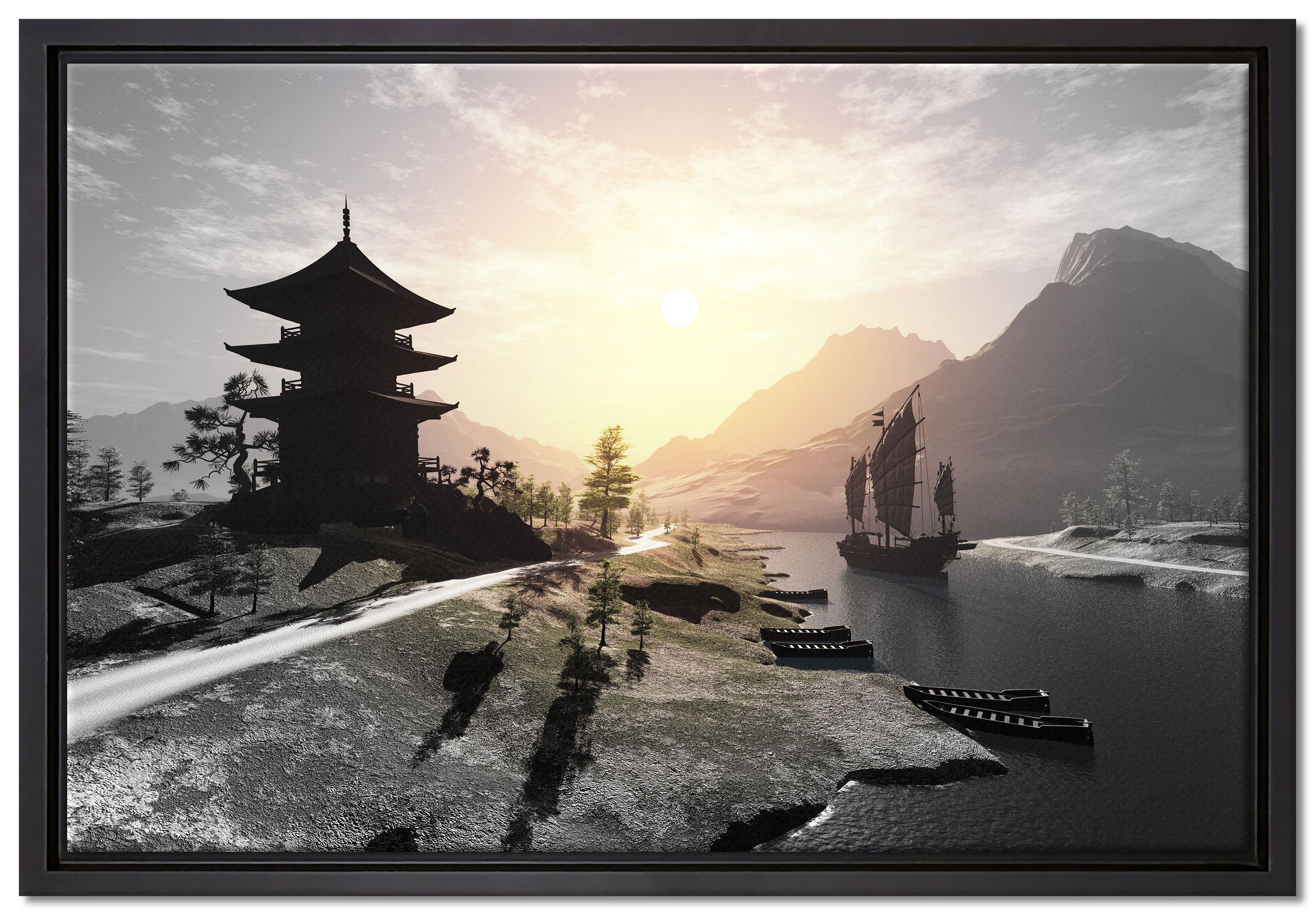 Pixxprint Leinwandbild asiatischer Tempel an Fluss, Wanddekoration (1 St), Leinwandbild fertig bespannt, in einem Schattenfugen-Bilderrahmen gefasst, inkl. Zackenaufhänger