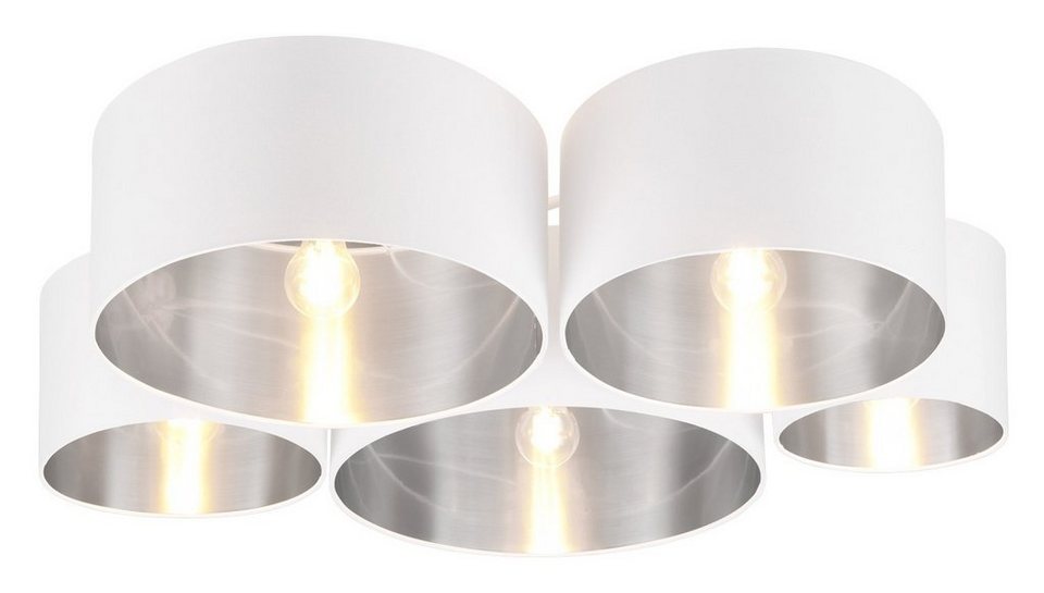 Reality Leuchten Deckenleuchten CARLTON, 5-flammig, Silberfarben, Weiß, ohne  Leuchtmittel, Stoffschirme, B 90 x T 70 cm, Deckenlampe, mit einer Größe  von 70 x 90 cm