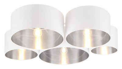 Reality Leuchten Deckenleuchten CARLTON, 5-flammig, Silberfarben, Weiß, ohne Leuchtmittel, Stoffschirme, B 90 x T 70 cm, Deckenlampe