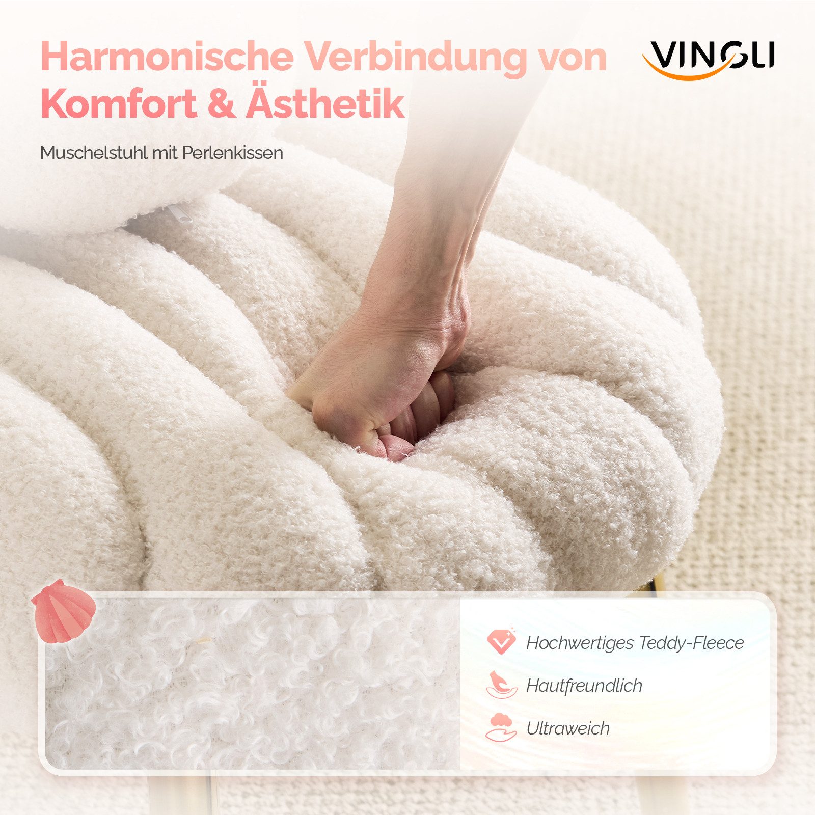 VINGLI Polsterstuhl Schminktisch Stuhl aus Teddystoff, Muschel Schminkstuhl, Verstellbare goldene Beine, Perlen Zierkissen – Bild 3 von 5