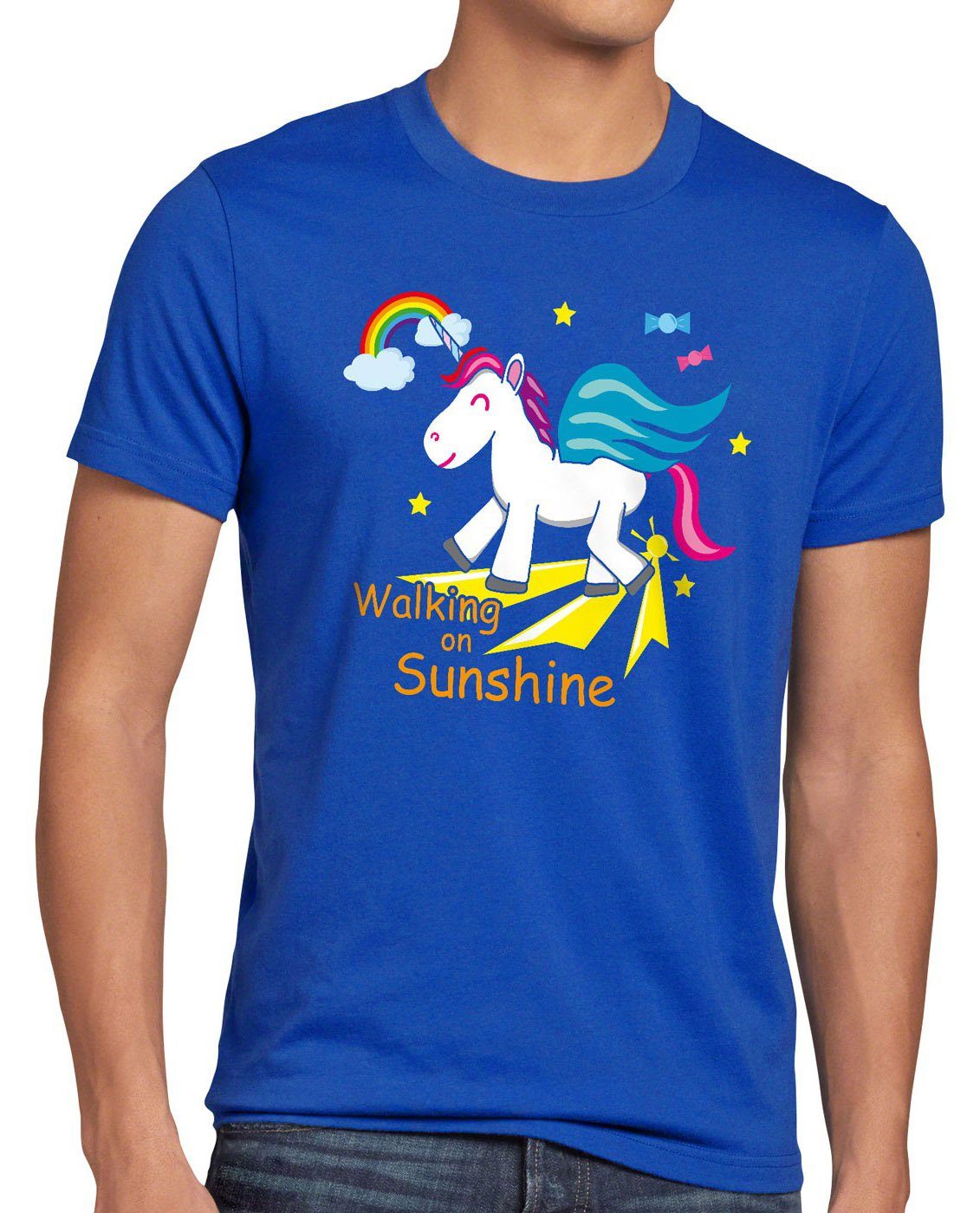 style3 Print-Shirt Herren T-Shirt Unicorn Walking Einhorn Sunshine Fun Kinder Spruch on blau Regenbogen
