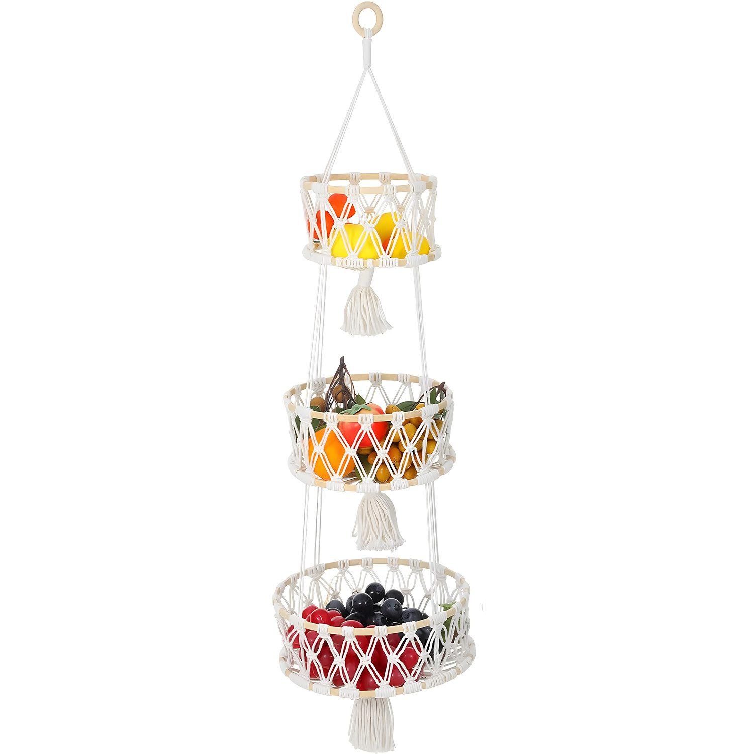 HEYHIPPO Aufbewahrungskorb Hängender Aufbewahrungskorb 3-stöckig – Boho-Design, 110 cm, für Bad (Handgeflochtener Baumwoll-Aufbewahrungskorb mit Bambusring &Netzdesign), Wandobstkorb aus Baumwolle – hängend, beige, für Küche & Wohnzimmer