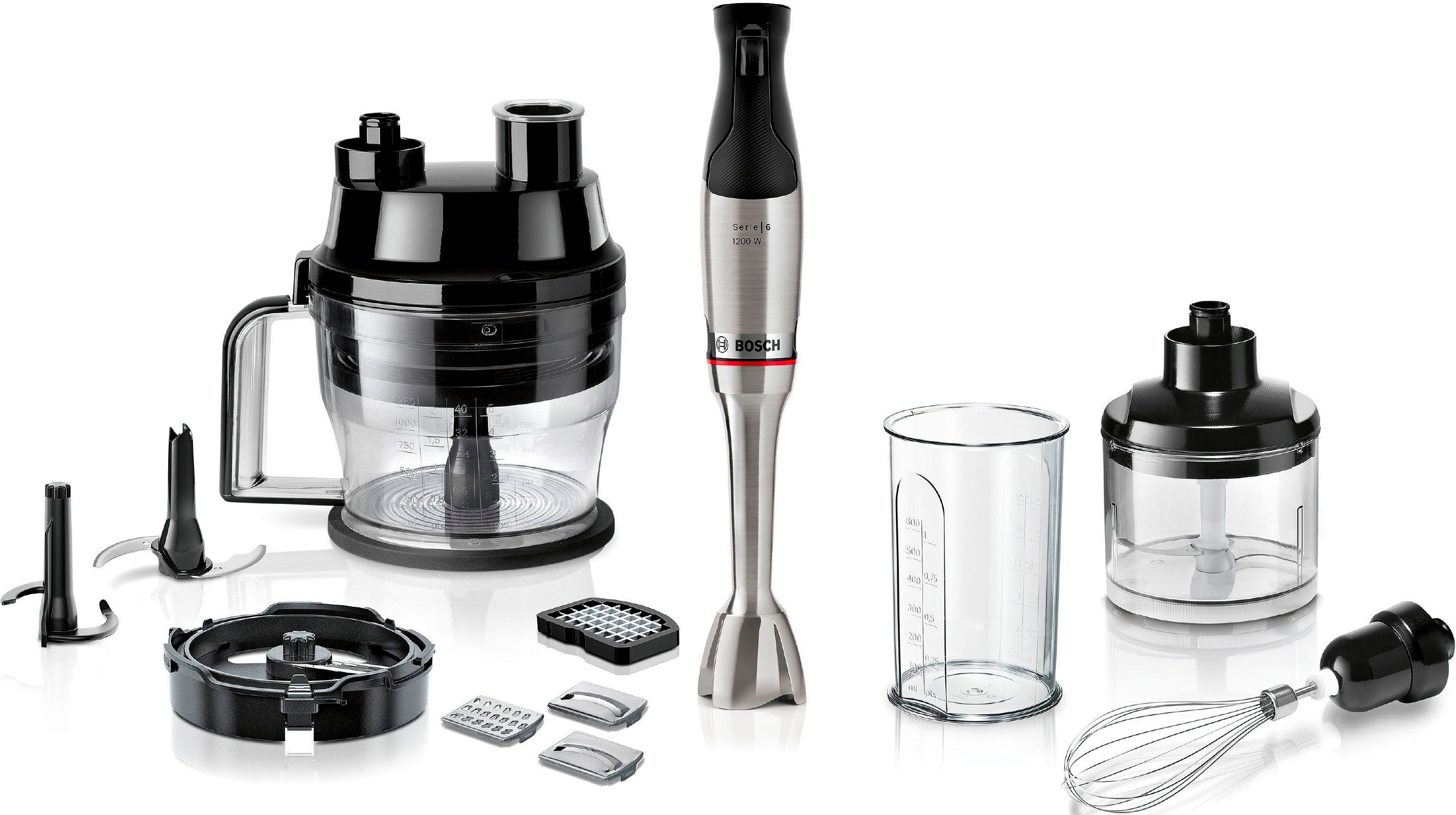 BOSCH Stabmixer ErgoMaster Serie 6 MSM6M8X1, 4 Klingen, Mixfuß Edelstahl, schwarz, 1200 W, Würfelschneider, Zerkleinerer, Schneebesen, 10 J …