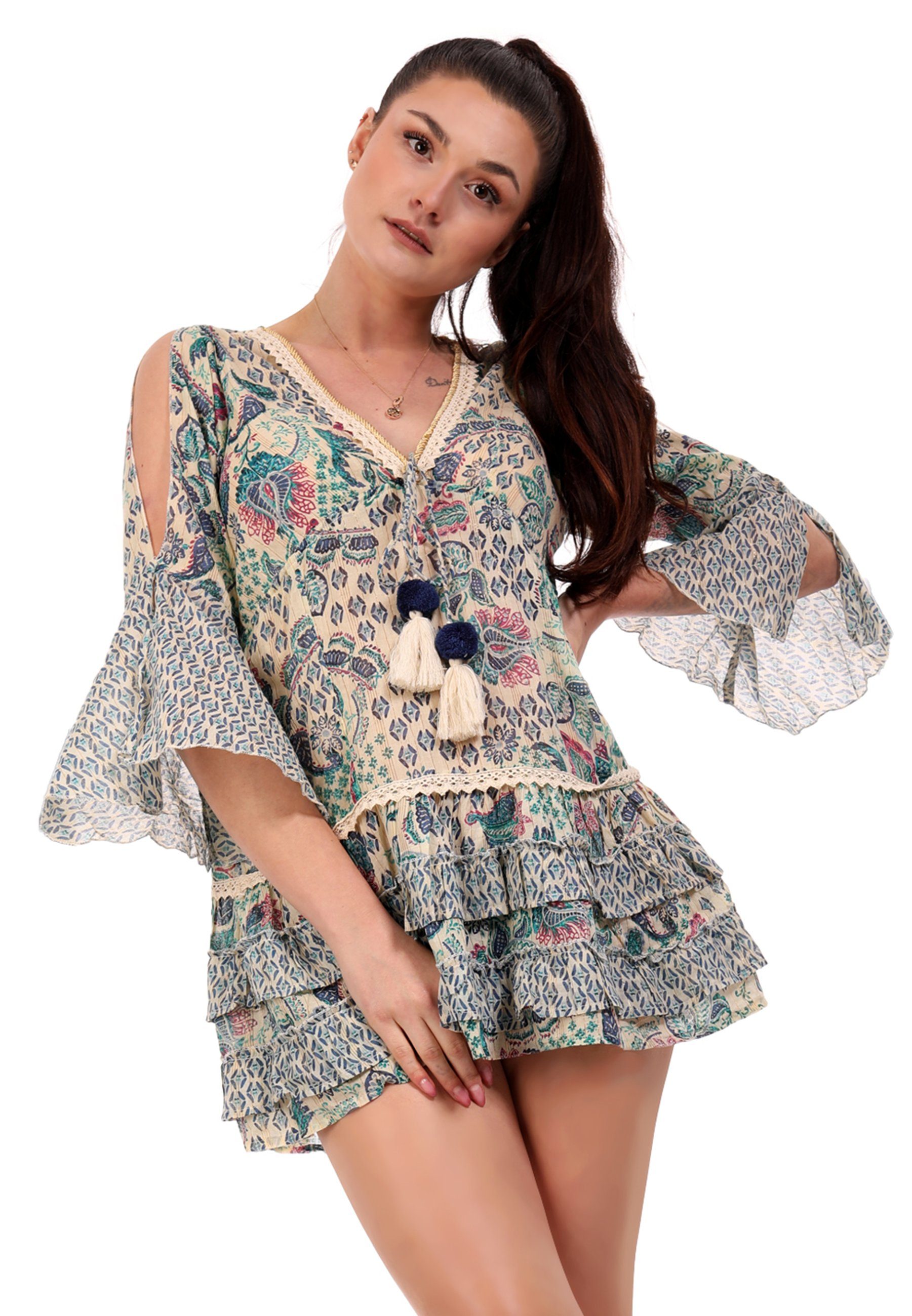 YC Fashion & Style Tunika Boheme Minikleid Tunika mit Cut Out und Volant  aus Baumwolle (1-tlg) mit floralem Druck