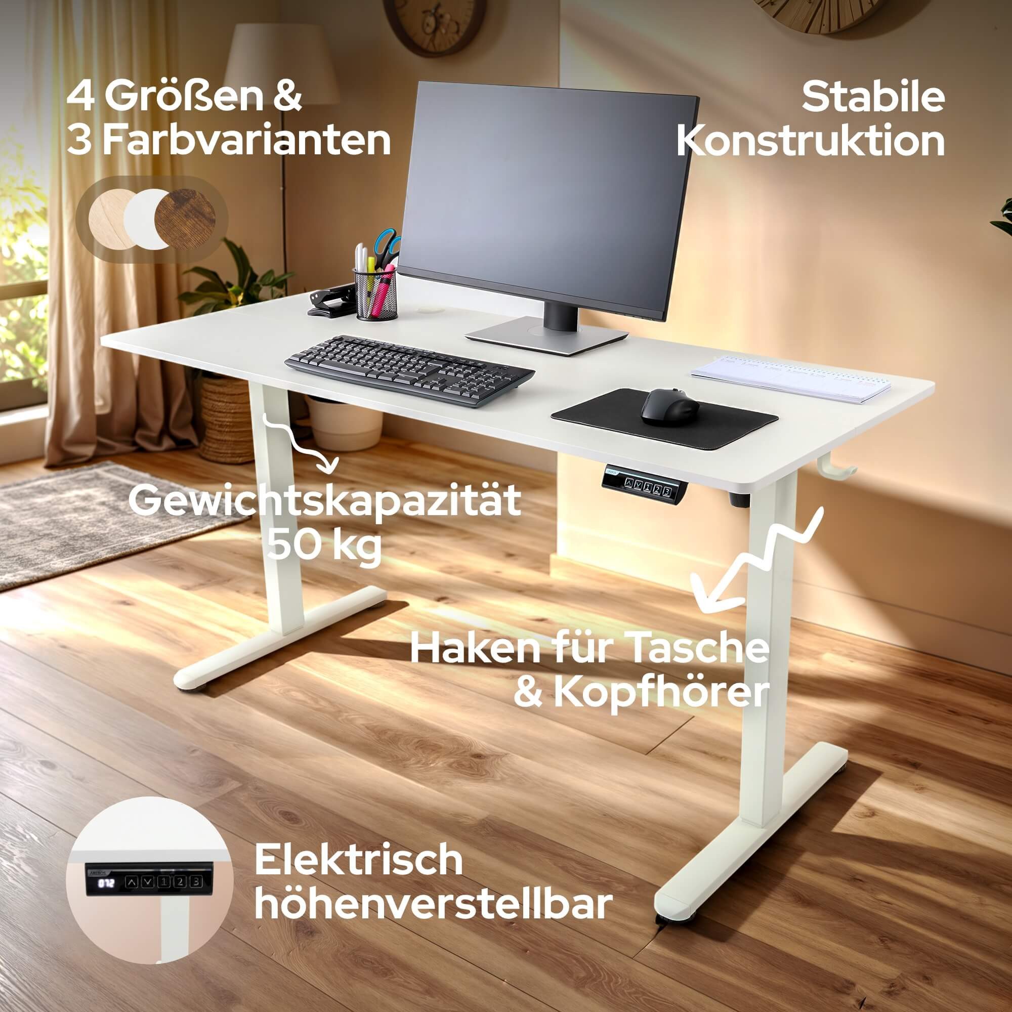 Arebos Schreibtisch Computer-Bürotisch 120 x 60 cm, elektrisch Memory-Funktion, 72-118 cm höhenverstellbar, Hebekapazität: 50 kg