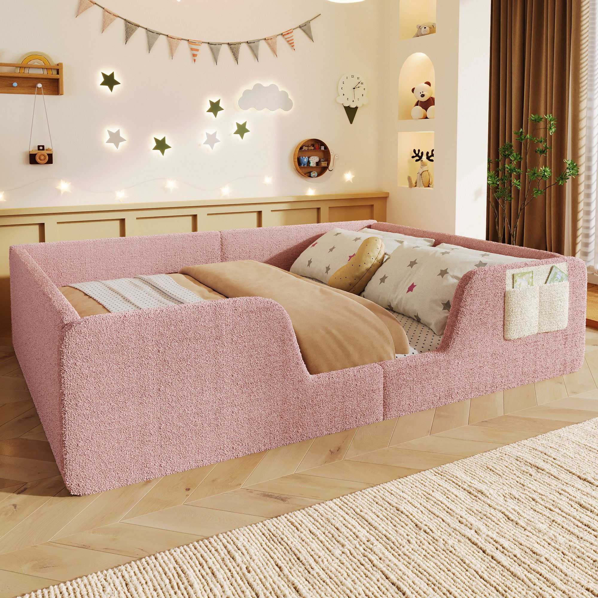 Merax Polsterbett 140x190cm mit abnehmbarer Sicherheitsleiste (Jugendbett Babybett Einzelbett, 1-tlg), Bodenbett Kinderbett mit Aufbewahrungstasche & Lattenrost – Bild 4 von 5
