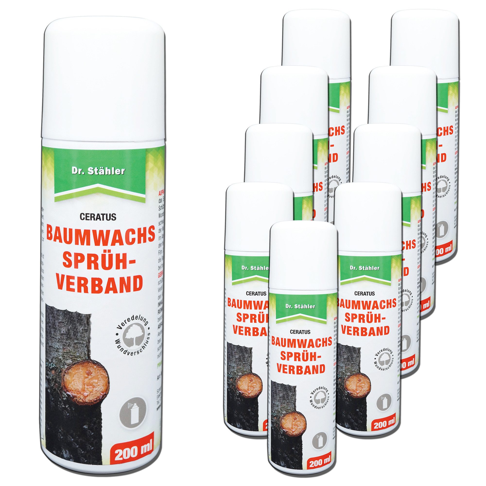 Dr. Stähler Baumwachs Baumwachs Sprühverband: Regeneration und Schutz für deine Bäume, 2000 g, 10 x 200ml Baumwachs Sprühverband Farbloser Wundverschluss für Gehölze, Enthält Naturharze, Schnelle Anwendung, Ohne schädliche Chemikalien