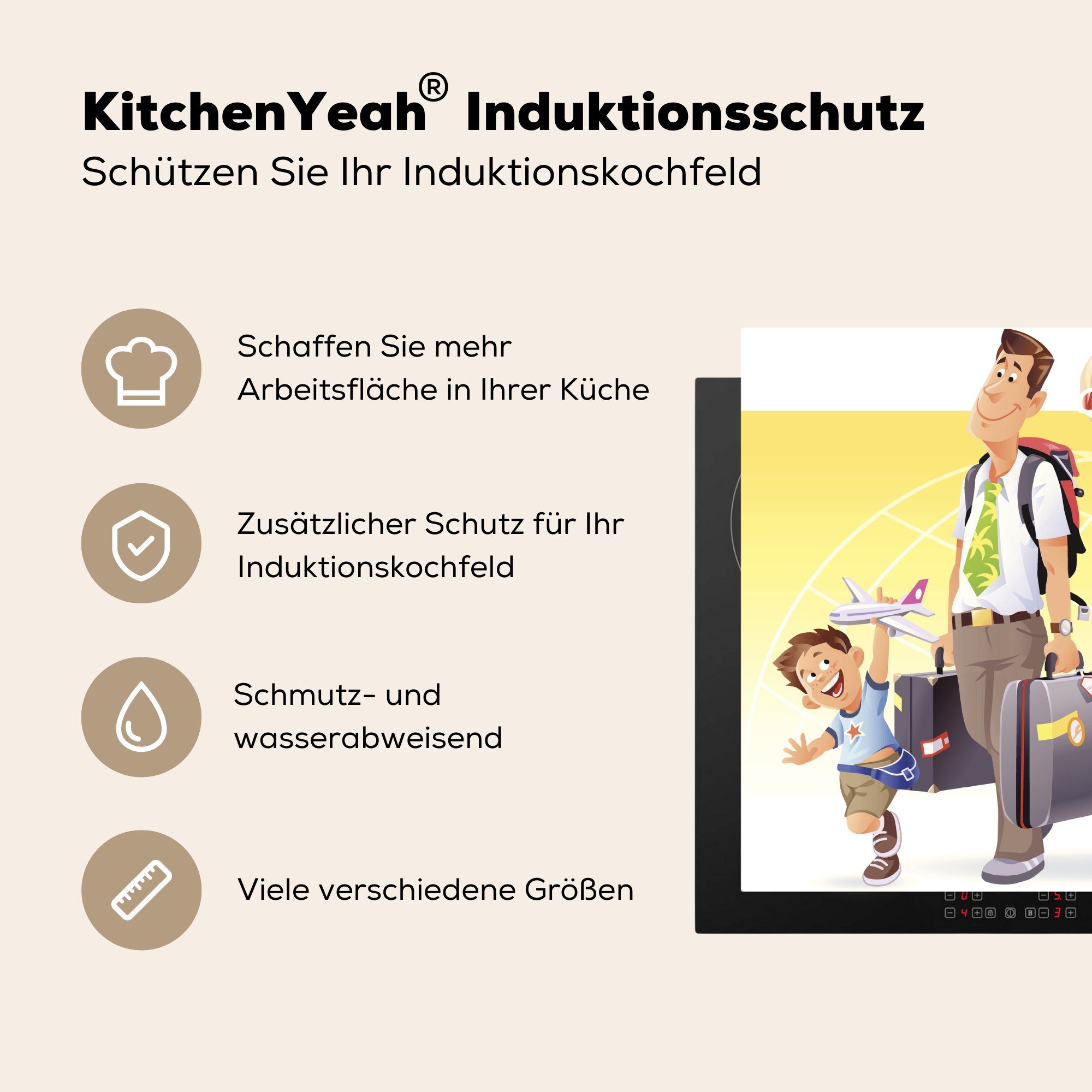 Ceranfeldabdeckung tlg), Herdblende-/Abdeckplatte Vinyl, cm, 60x52 Familie, MuchoWow fährt, nutzbar, in einer Mobile Urlaub (1 den die Illustration Arbeitsfläche