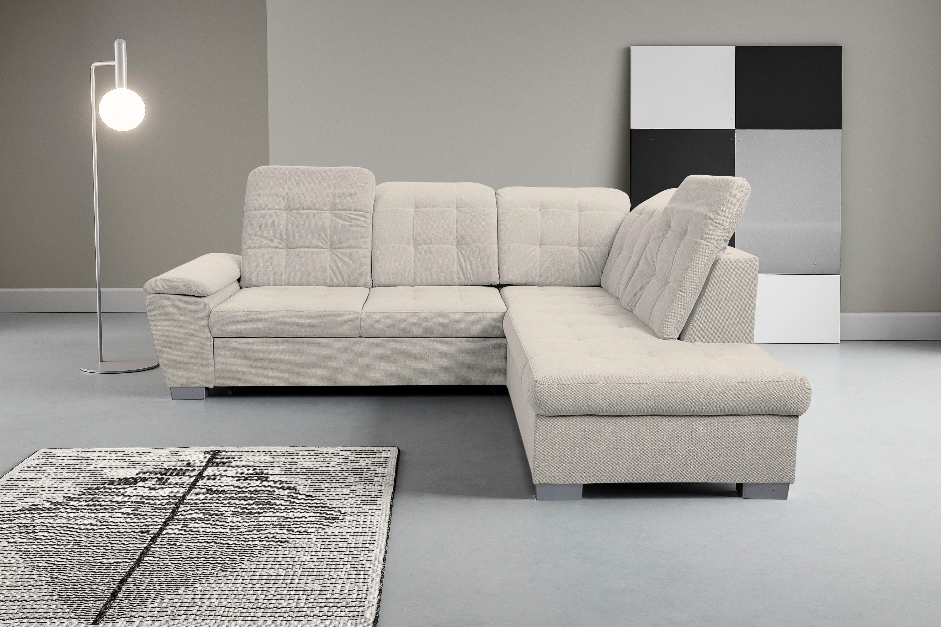 WERK2 Ecksofa Bonny 265 x 215 cm inkl. Kopfteilverstellung modern und bequem, Webstoff, L-Form, Schlaffunktion, Bettkasten