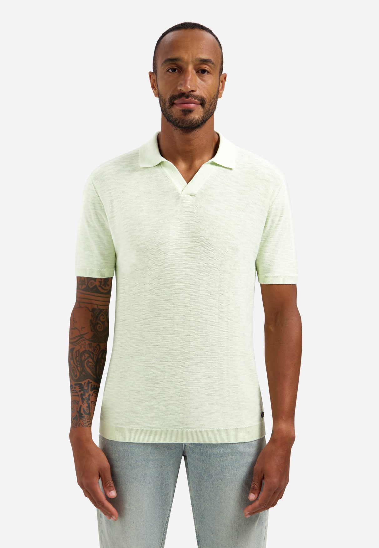 NO EXCESS Poloshirt Pullover Short Sleeve V-Polo Slub