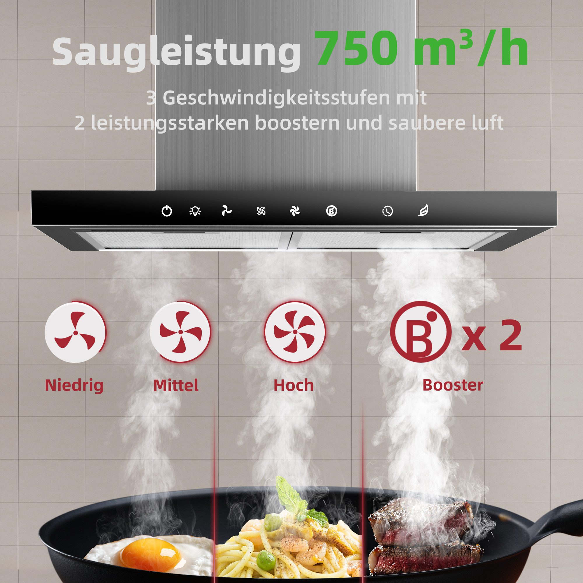 Levivo Wandhaube A+++ 750 m³/h Dunstabzugshaube 60cm Umluft & Abluft A+++ 750 m³/h Dunstabzugshaube 60cm Umluft & Abluft, Aktivkohlefiltern, Fettfiltern, LED-Beleuchtung