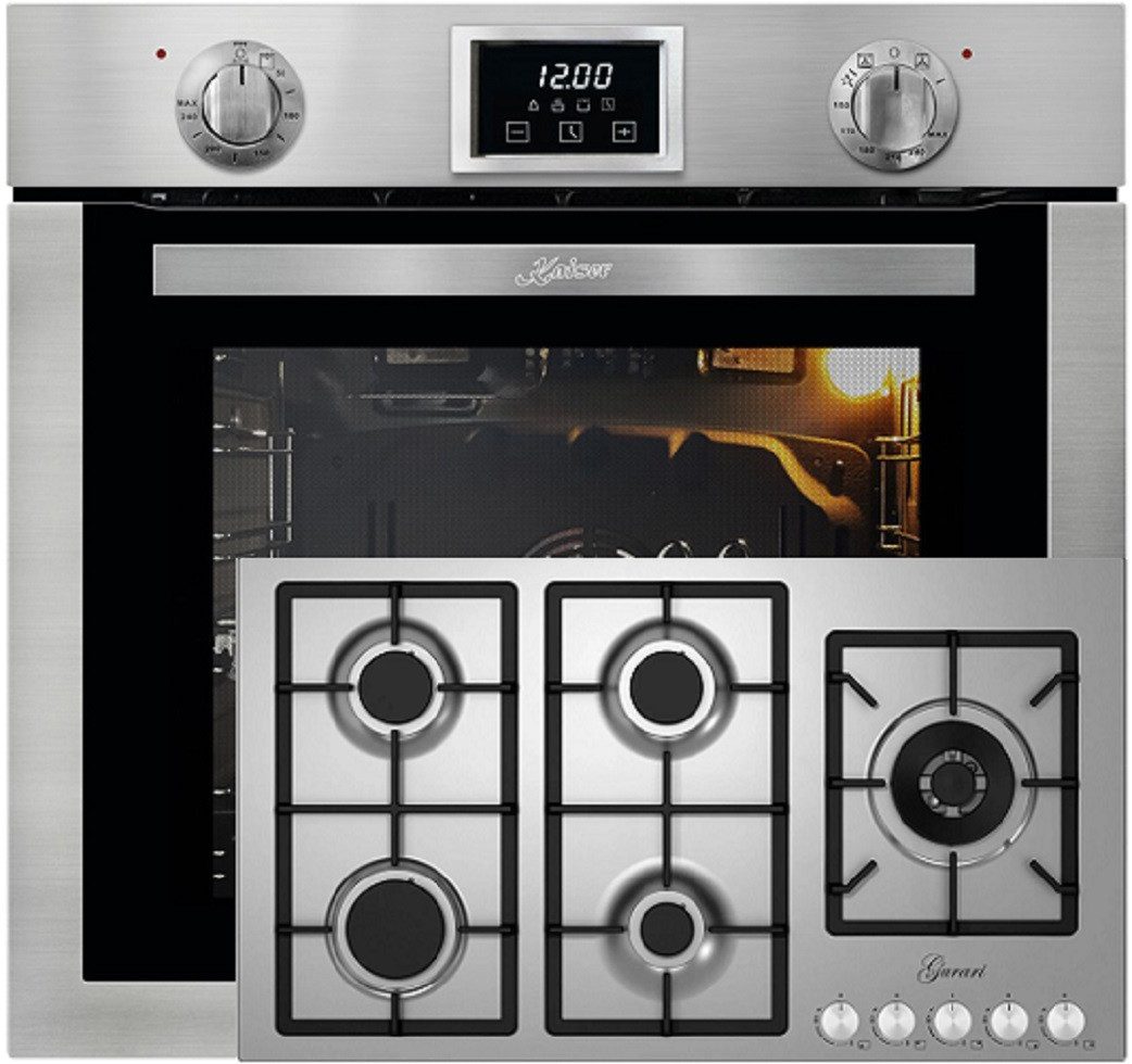 Kaiser Küchengeräte Backofen-Set Herd Set Autark Einbau Gasbackofen Autark, 79L, Grill, Drehspieß, 60 cm mit GURARI Gas-Kochfeld 90 cm, Edelstahl, 4,0 KW WOK EG 6372+FQ 905 VRGL, mit 1-fach-Teleskopauszug