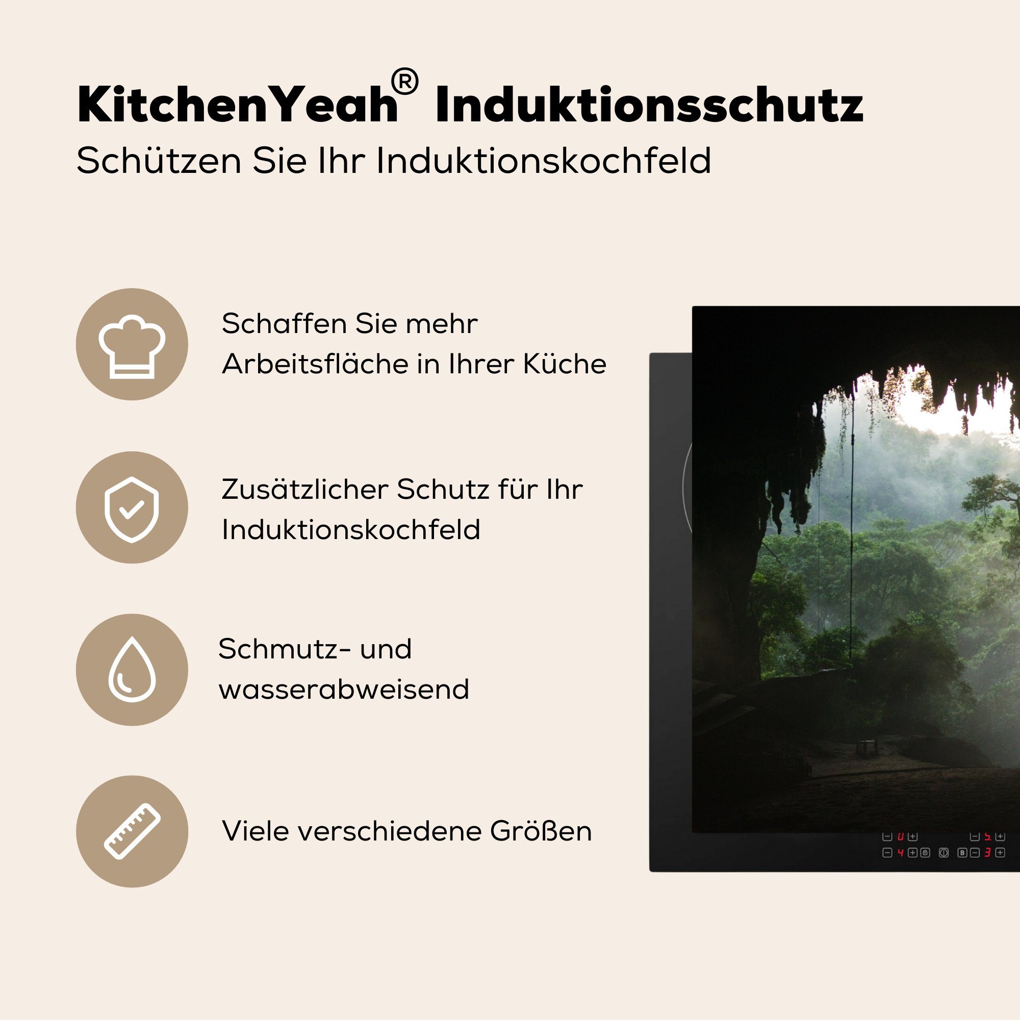 küche, (1 Regenwald, tlg), im 81x52 die Schutz Herdblende-/Abdeckplatte Induktionskochfeld Vinyl, Höhle cm, für Ceranfeldabdeckung MuchoWow